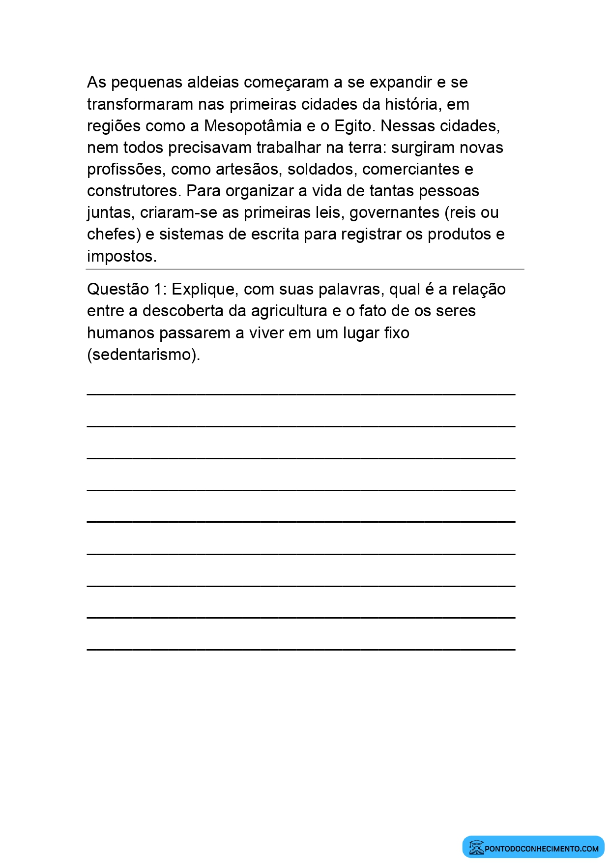 Questões Discursivas de História sobre o Surgimento da Agricultura e das Primeiras Cidades para o 5º Ano