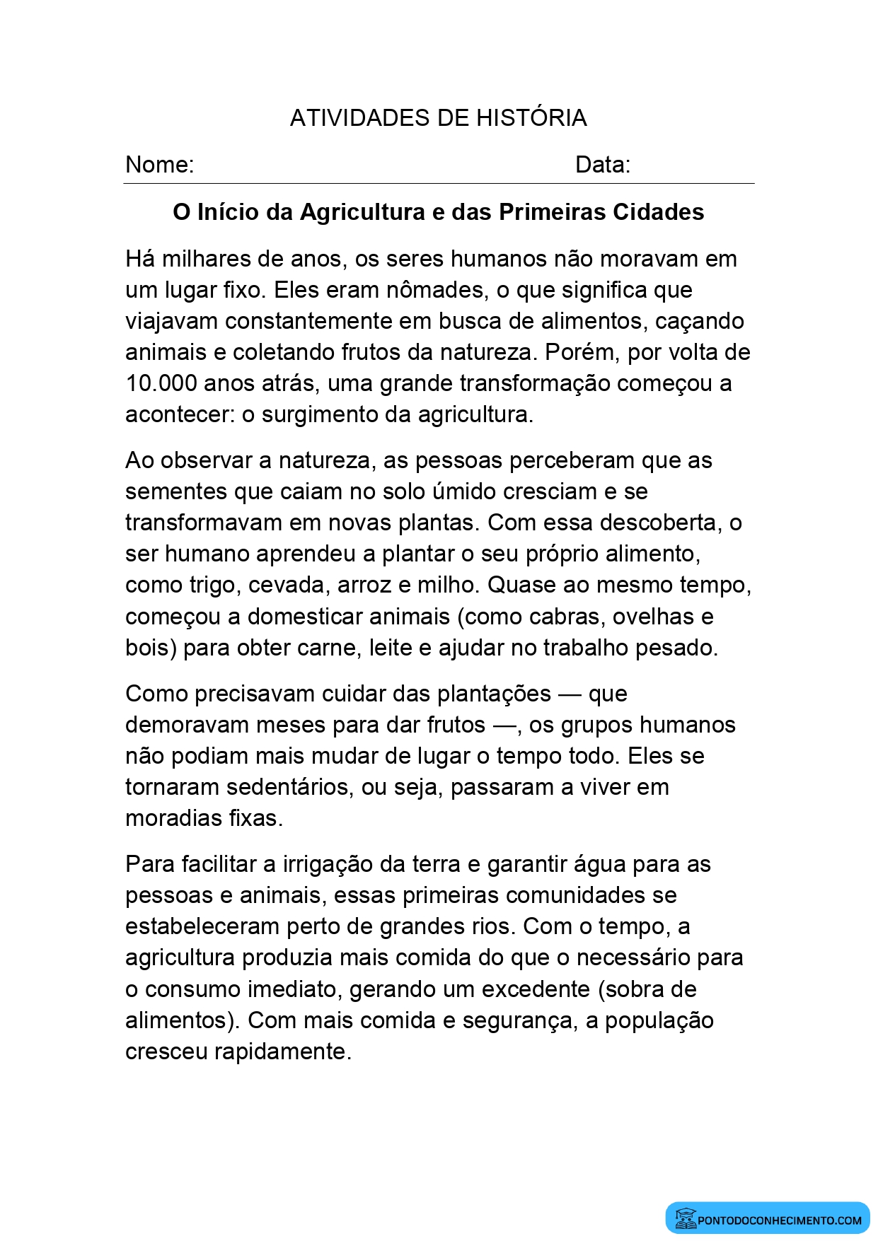 Atividade de História com Questões de Múltipla Escolha sobre Agricultura e Primeiras Cidades para o 5º Ano