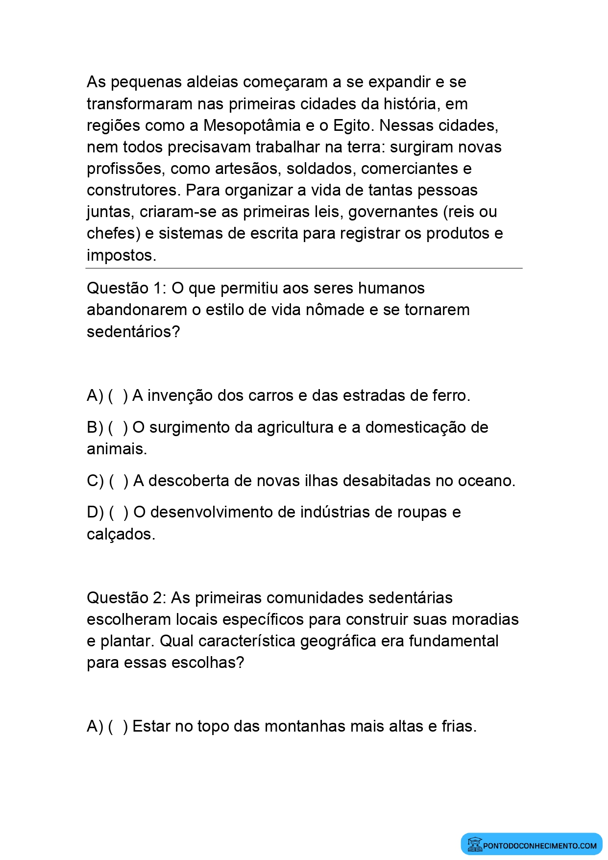 Questões de Múltipla Escolha de História sobre o Surgimento da Agricultura e das Primeiras Cidades para o 5º Ano