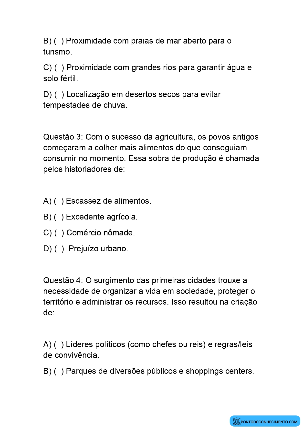 Exercícios de História com Questões de Múltipla Escolha sobre o Surgimento da Agricultura e das Primeiras Cidades para o 5º Ano