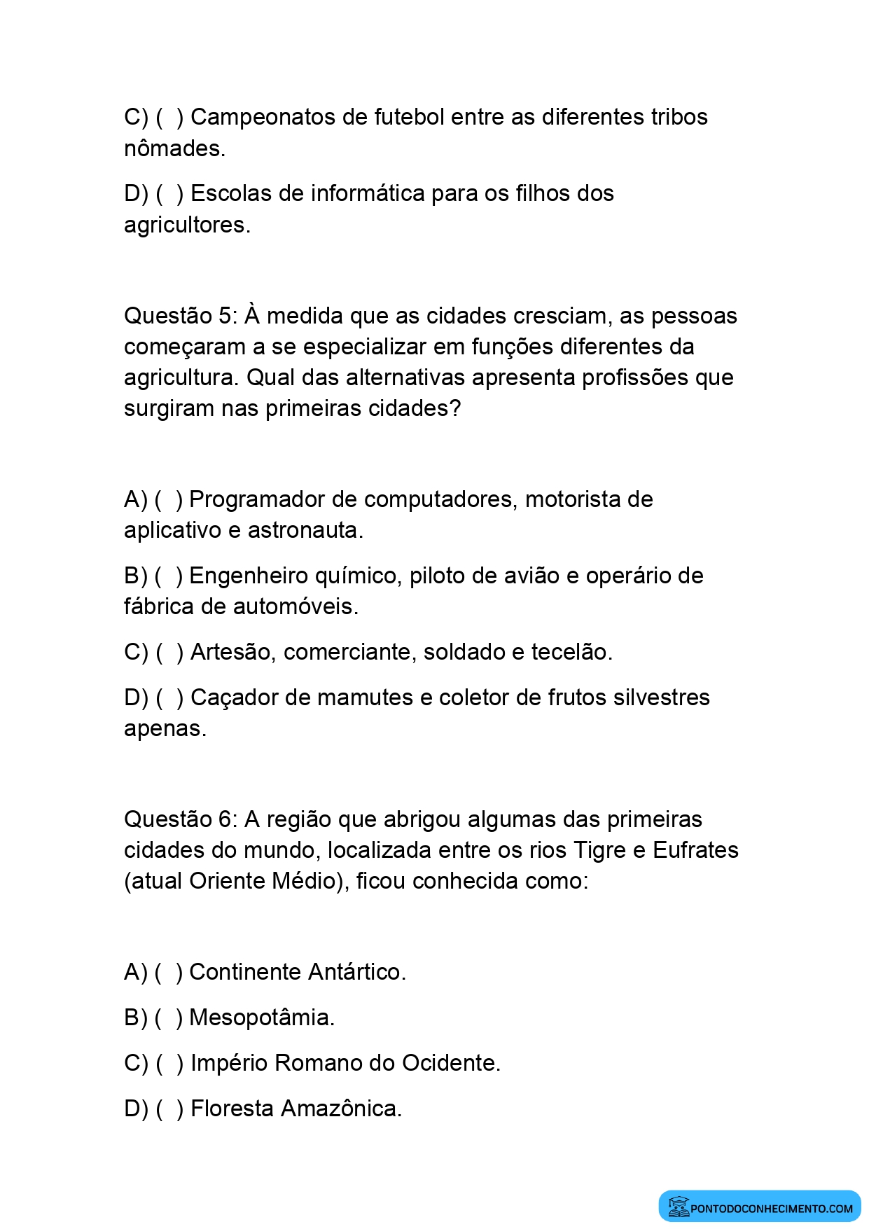 Atividade de História com Alternativas sobre o Surgimento da Agricultura e das Primeiras Cidades para o 5º Ano