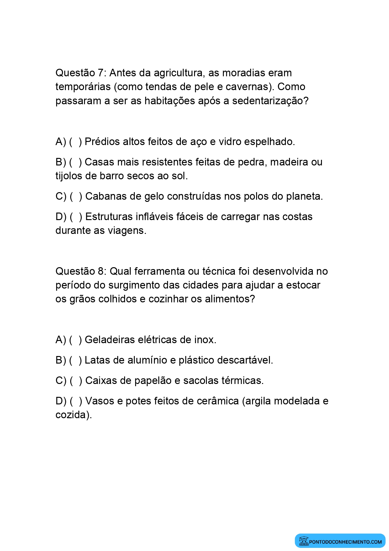 Atividade de História para o 5º Ano sobre o Surgimento da Agricultura e das Primeiras Cidades com Múltipla Escolha