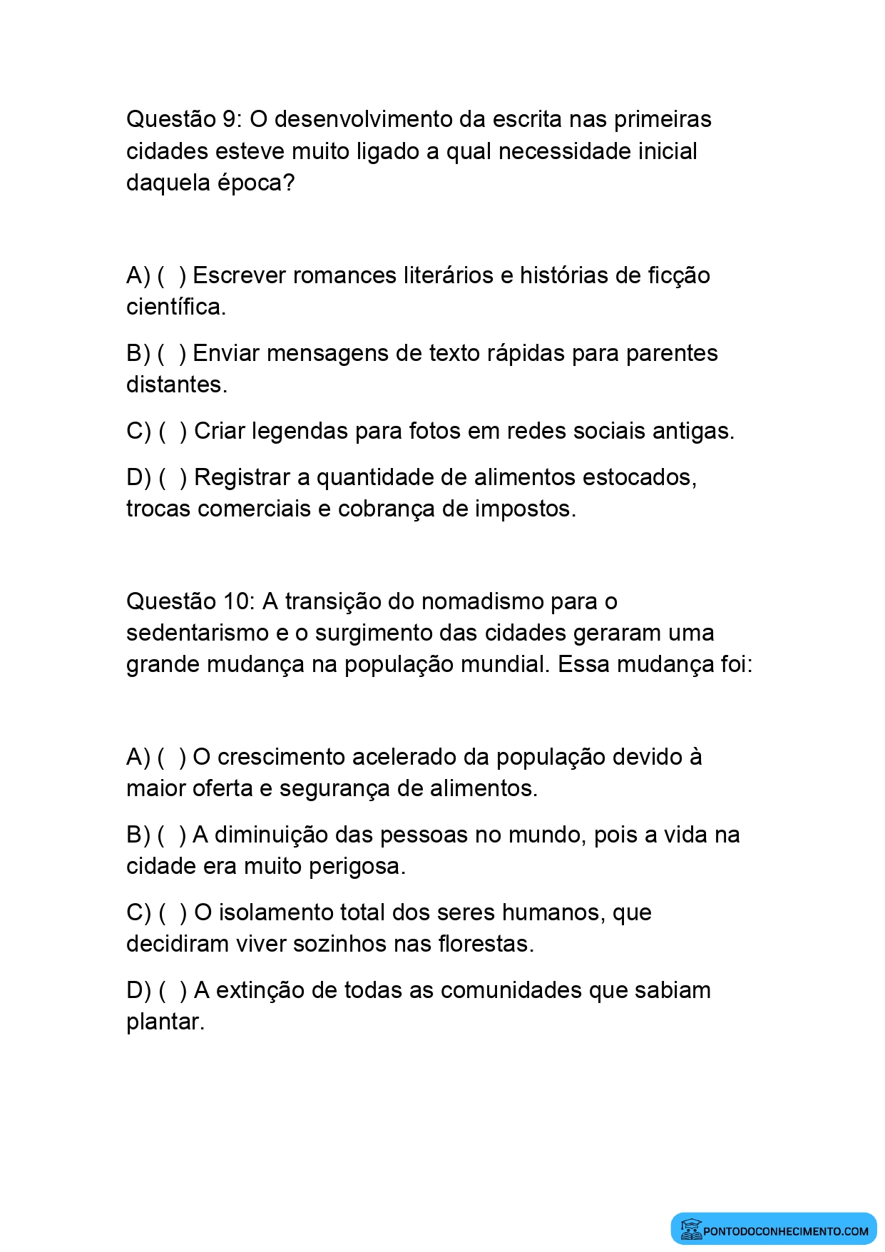 Exercícios de Múltipla Escolha sobre Agricultura e Vida Urbana para o 5º Ano