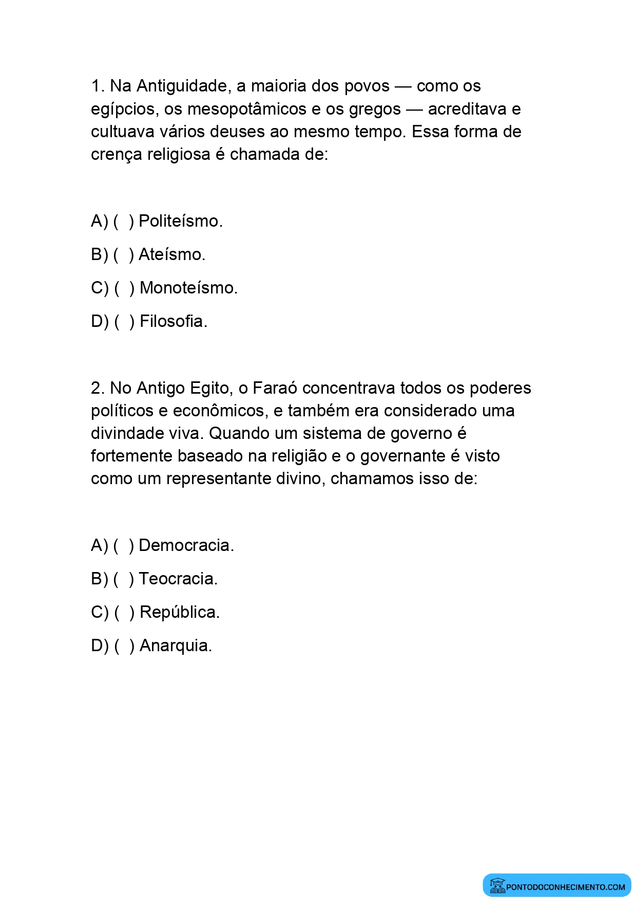 Exercícios de História sobre o Papel das Religiões e da Cultura nas Sociedades