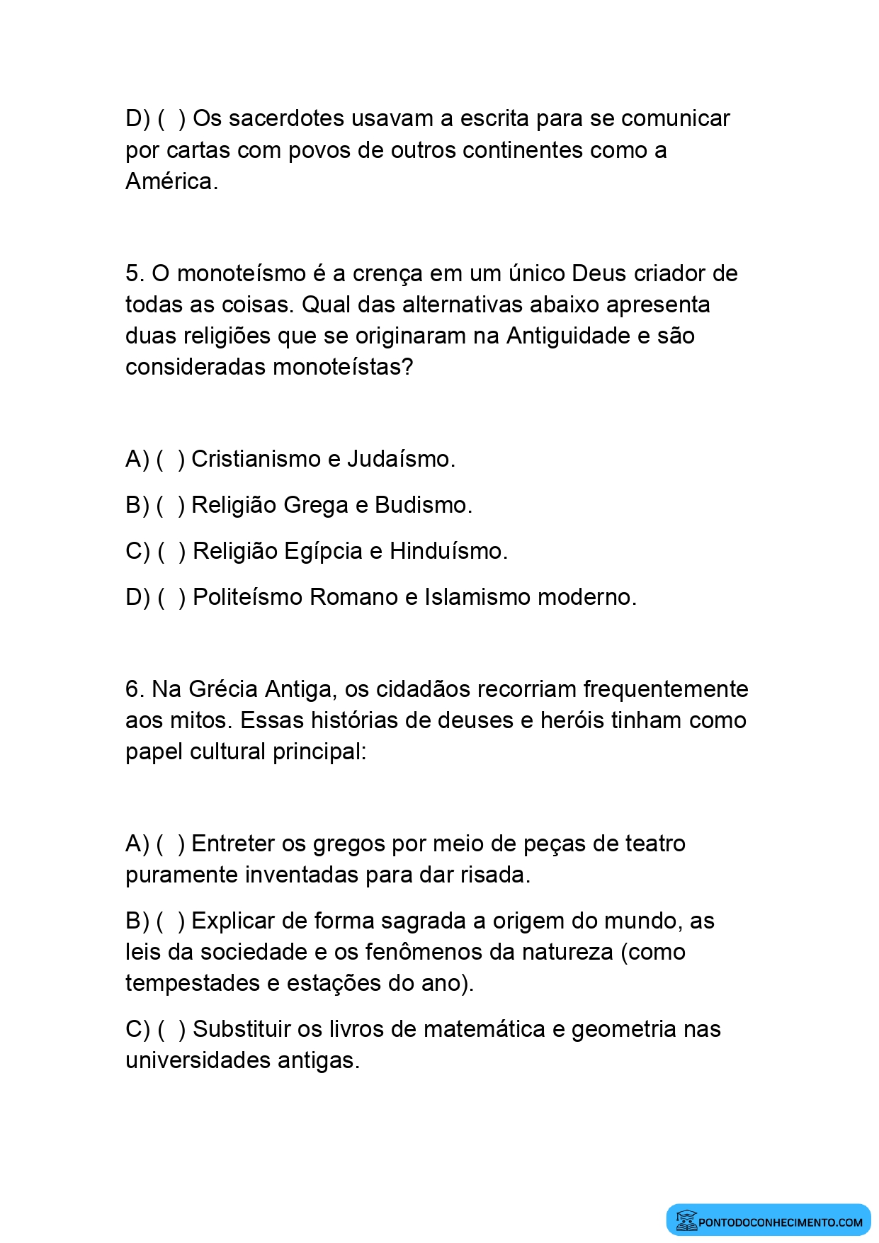 Questões Objetivas de História sobre Religião e Cultura para o 5º Ano