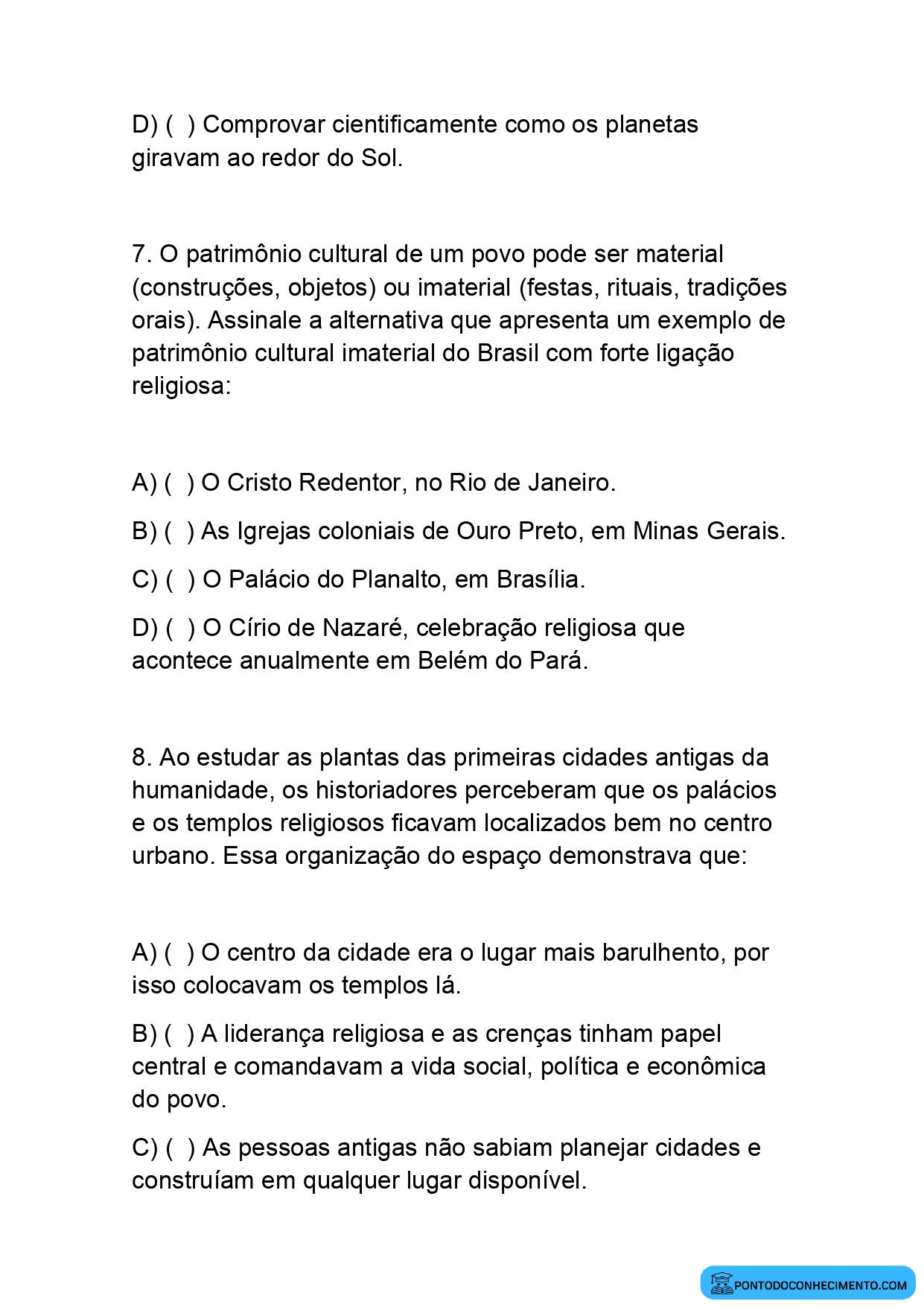 Atividade de História sobre Crenças Religiosas e Práticas Culturais nas Sociedades