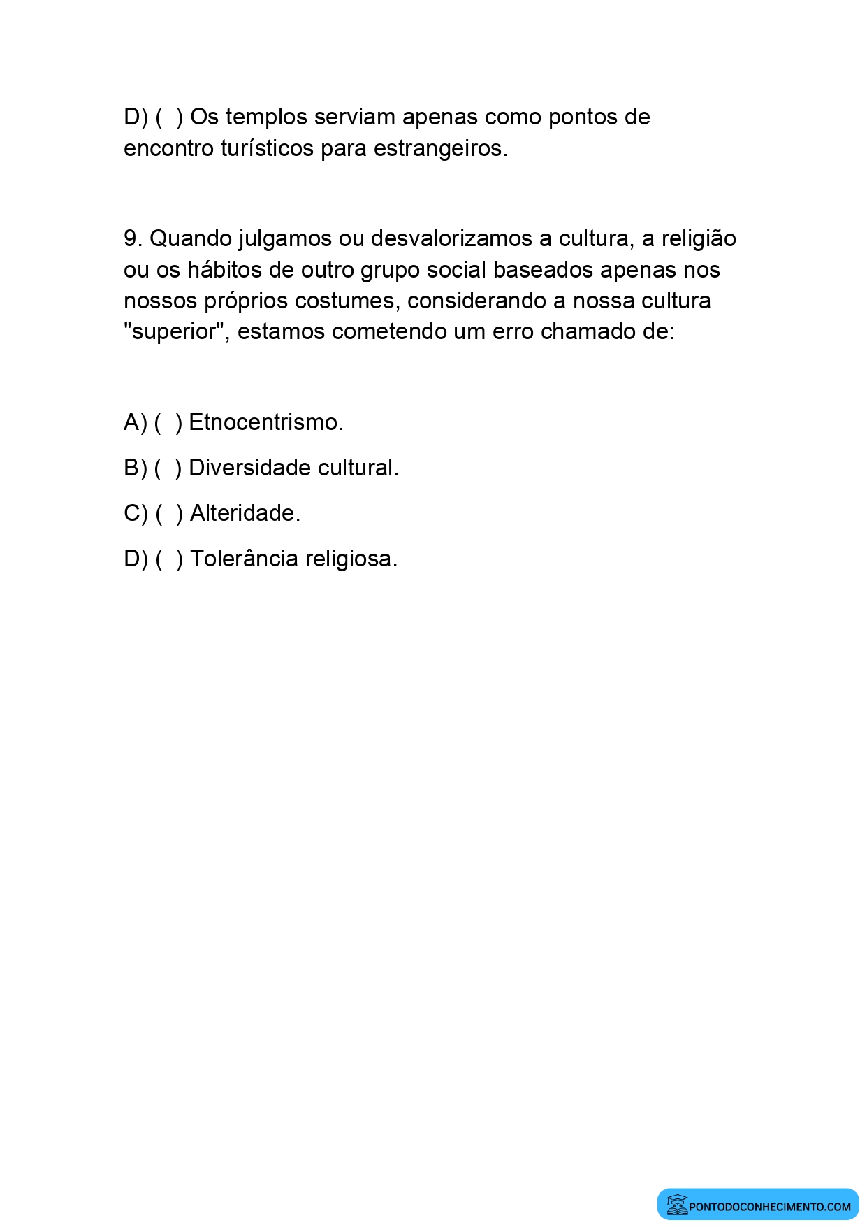 Exercícios de Múltipla Escolha sobre Cultura e Religião para o 5º Ano