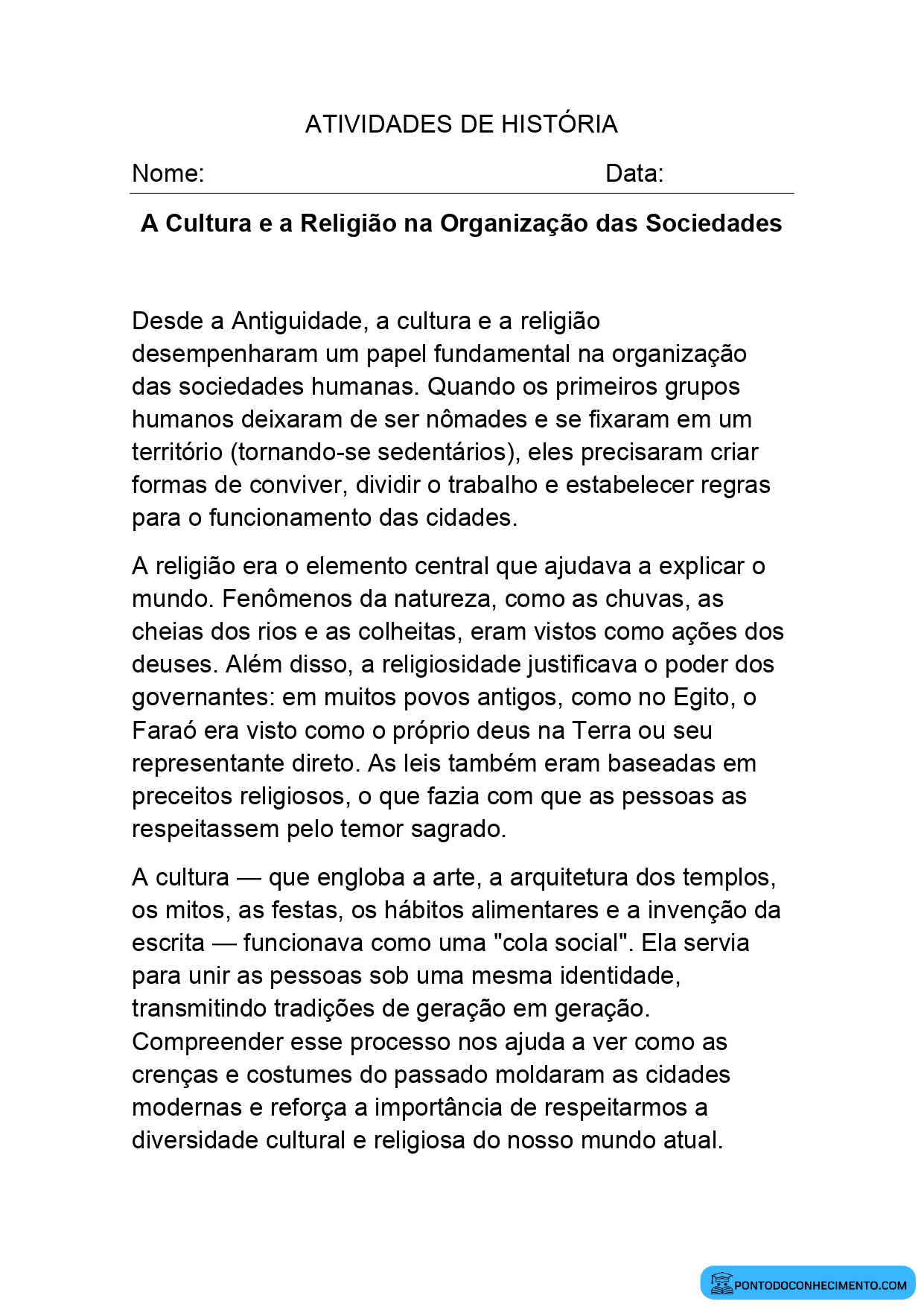 Atividade de História sobre o Papel das Religiões e da Cultura na Organização das Sociedades para o 5º Ano