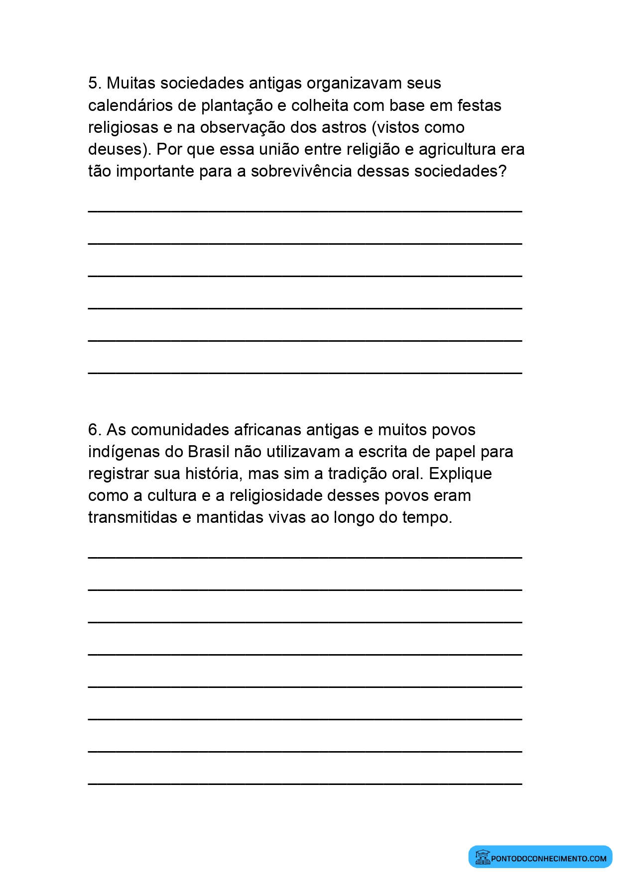 Atividade de História com Interpretação sobre o Papel das Religiões e da Cultura na Organização das Sociedades para o 5º Ano