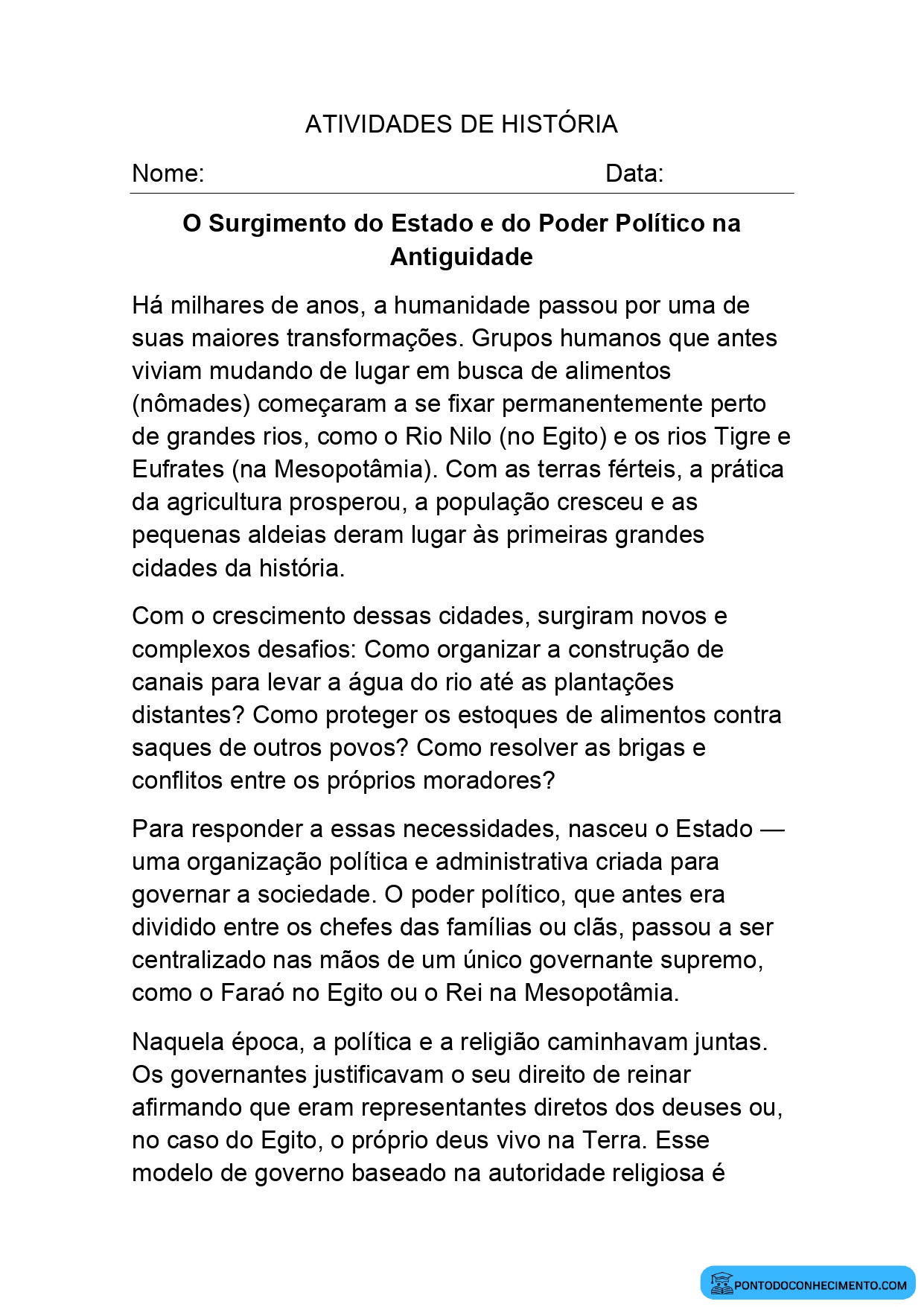 Atividade de História para o 5º Ano sobre a Formação dos Primeiros Estados e Impérios da Antiguidade