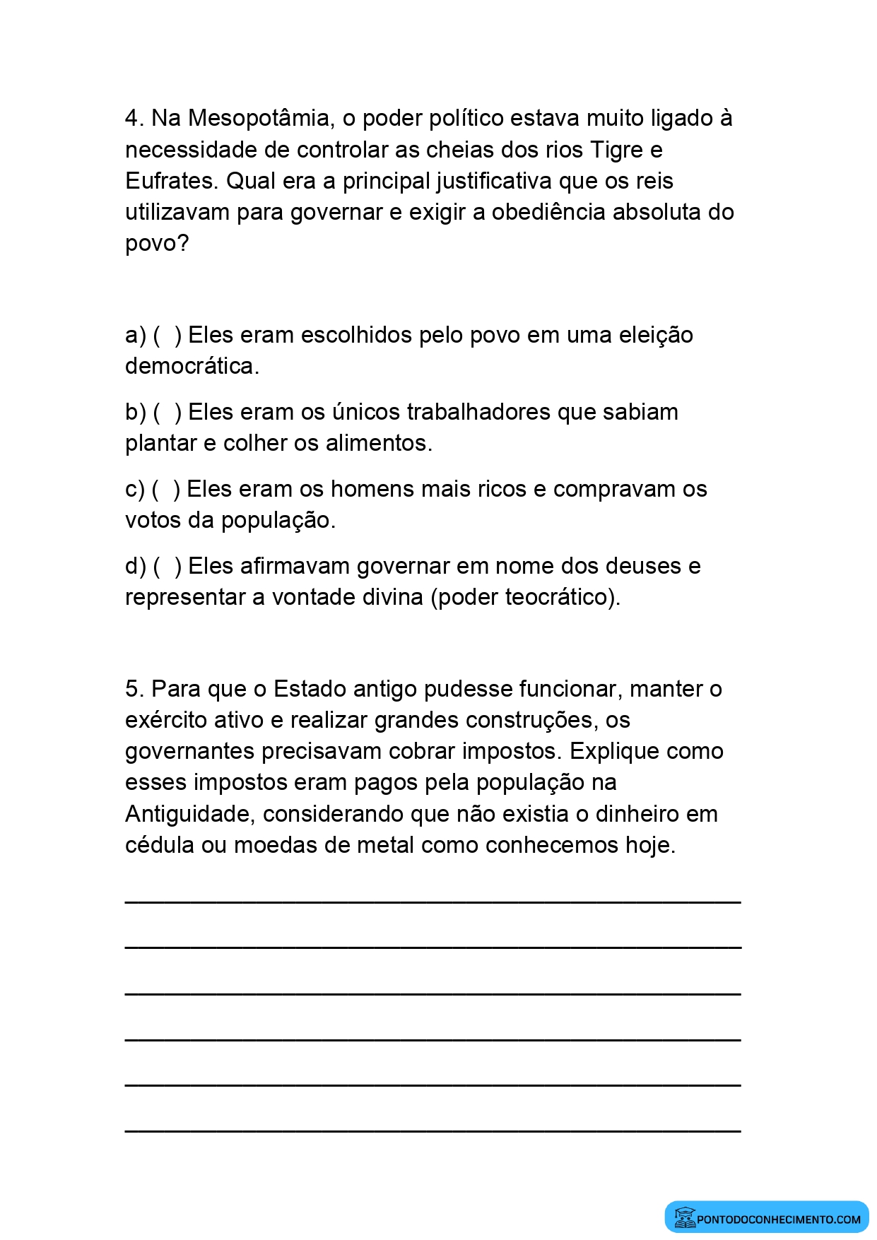 Atividade de História 5º Ano sobre Poder Político e Governo na Antiguidade