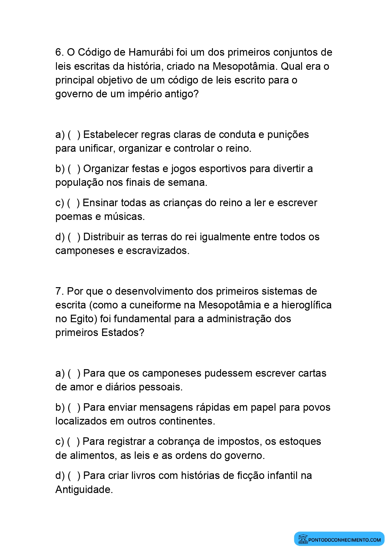 Atividade de História para o 5º Ano sobre os Primeiros Estados e Impérios da Antiguidade