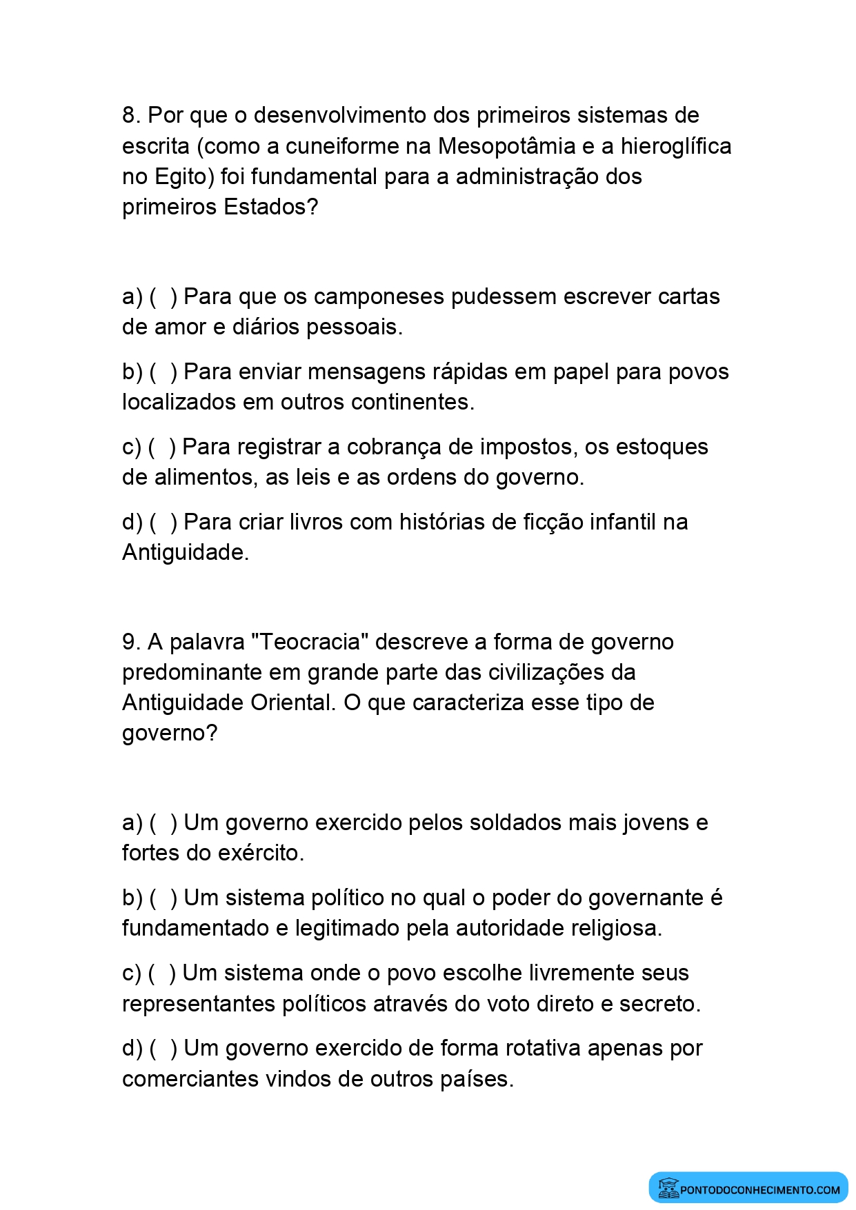 Avaliação de História 5º Ano sobre os Primeiros Impérios da História