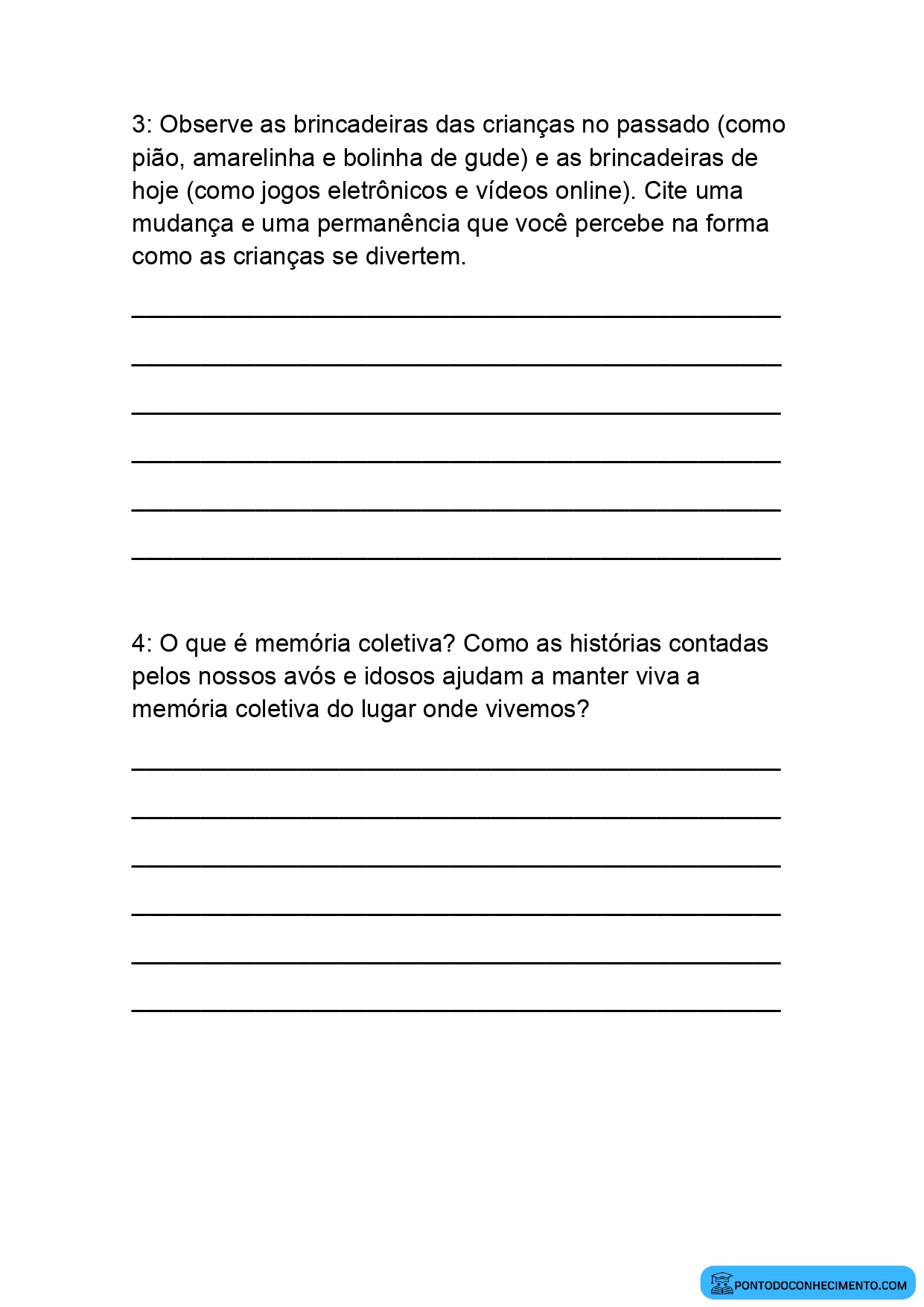 Atividade de História para o 5º Ano com Questões Abertas sobre Cultura e Memória Coletiva