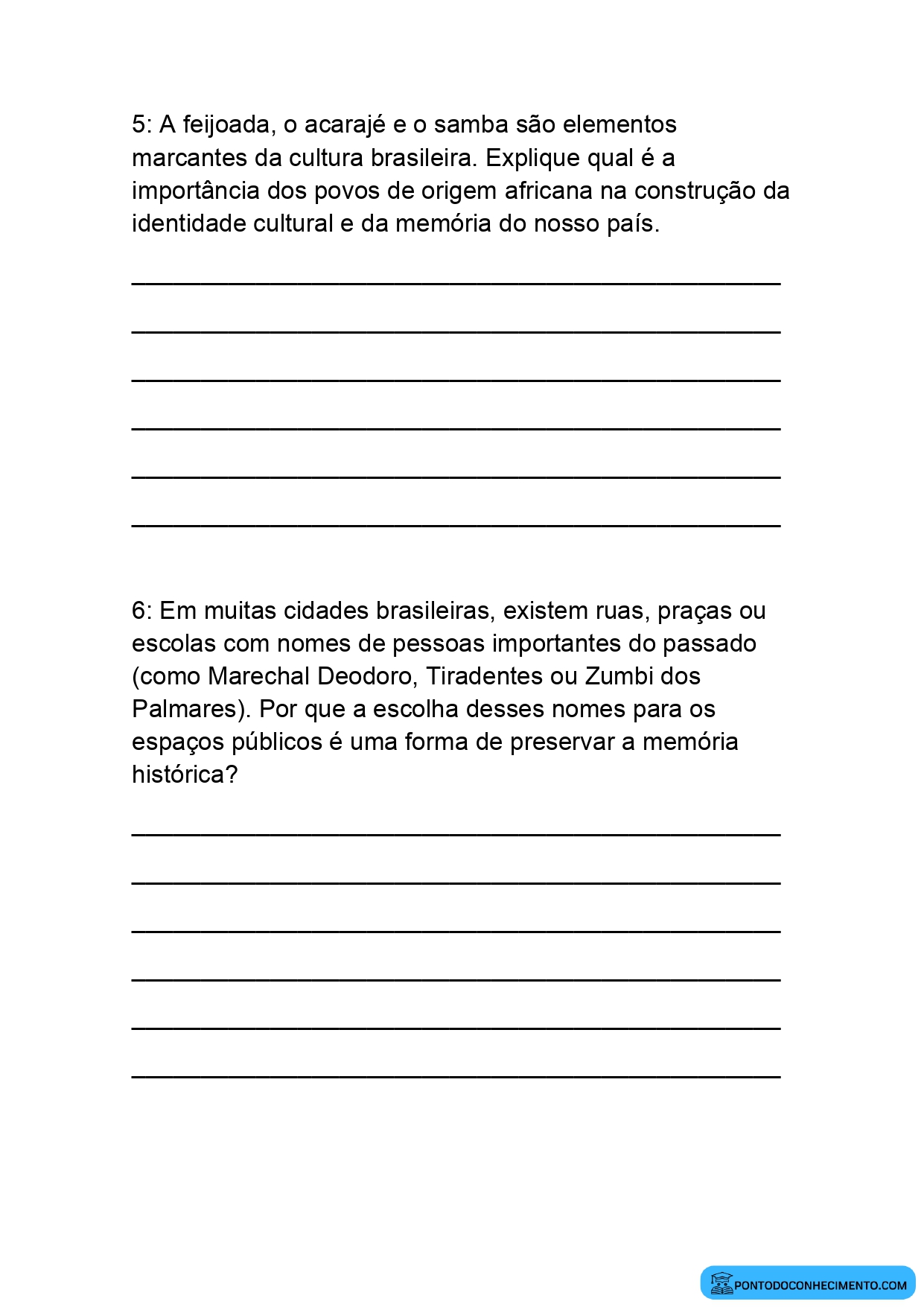 Exercícios de História 5º Ano sobre Cultura Memória Coletiva e Mudanças