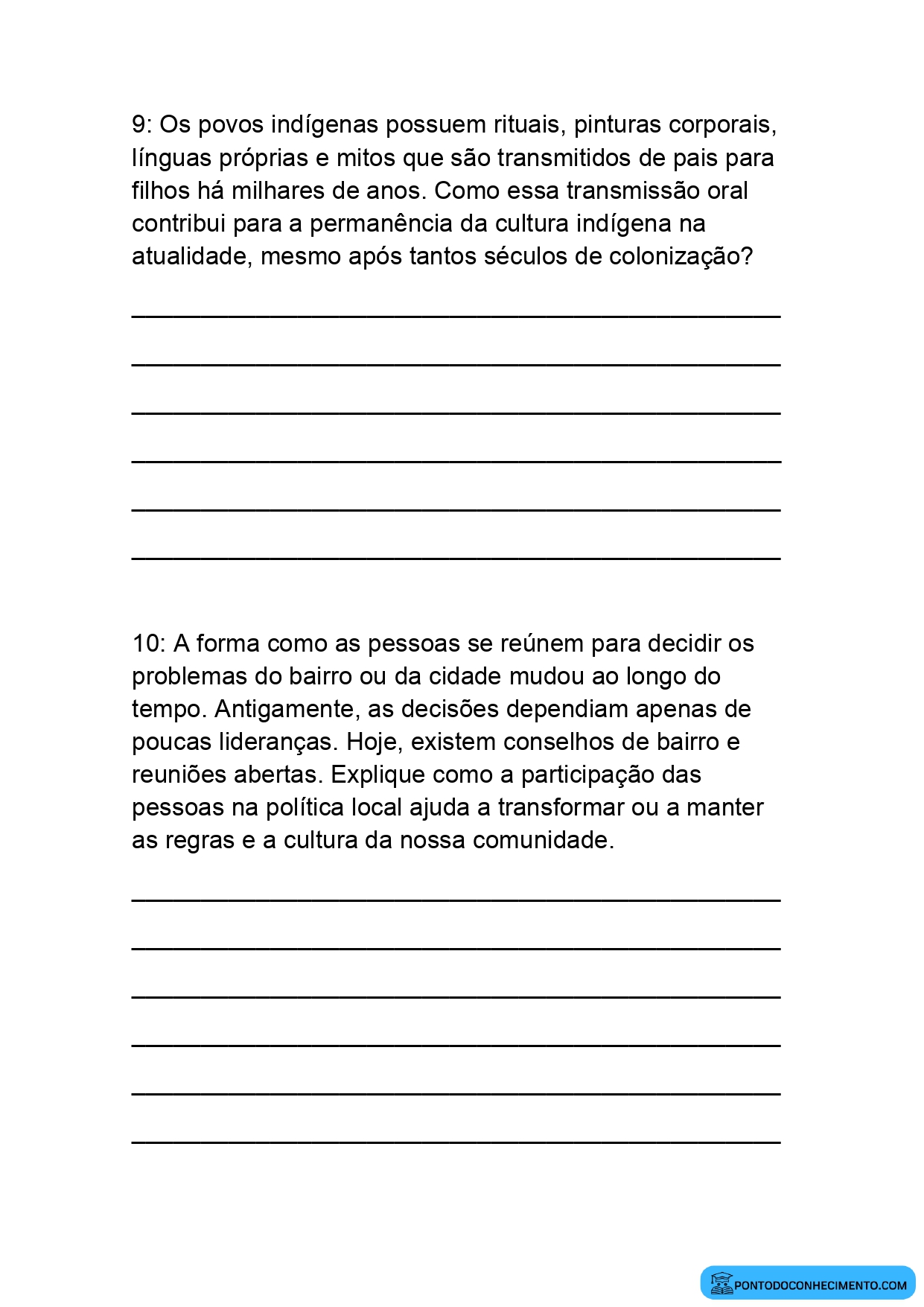 Atividade sobre Cultura e Memória Coletiva para o 5º Ano com Respostas Elaboradas