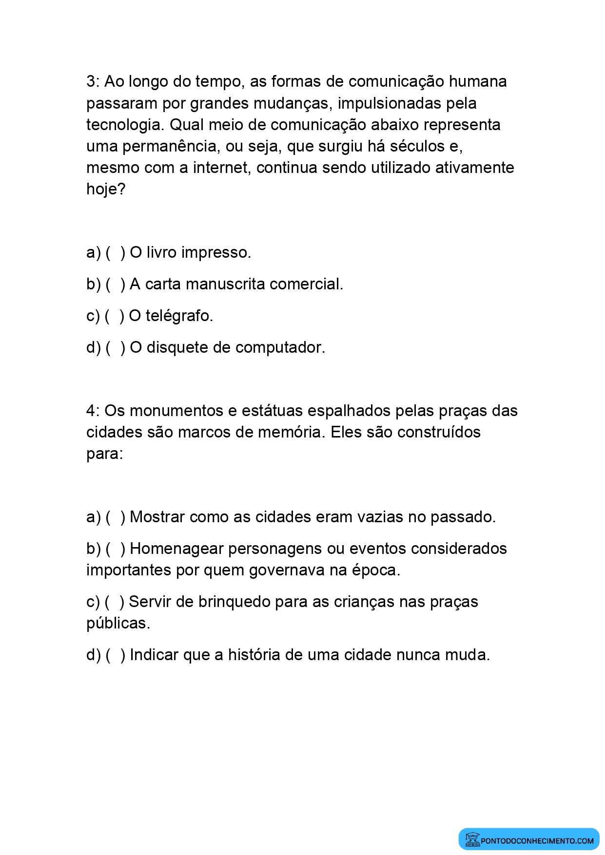 Atividade de História para o 5º Ano com Questões Fechadas sobre Cultura e Memória Coletiva