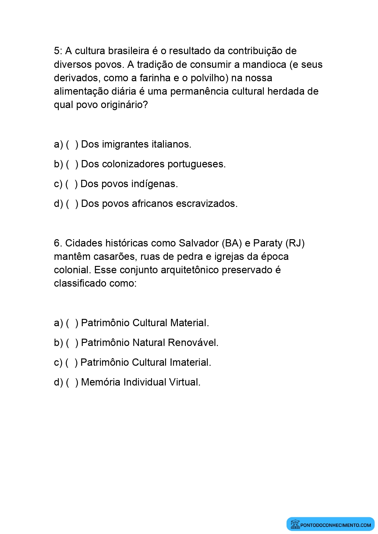 Exercícios de História 5º Ano sobre Cultura Memória Coletiva e Permanências