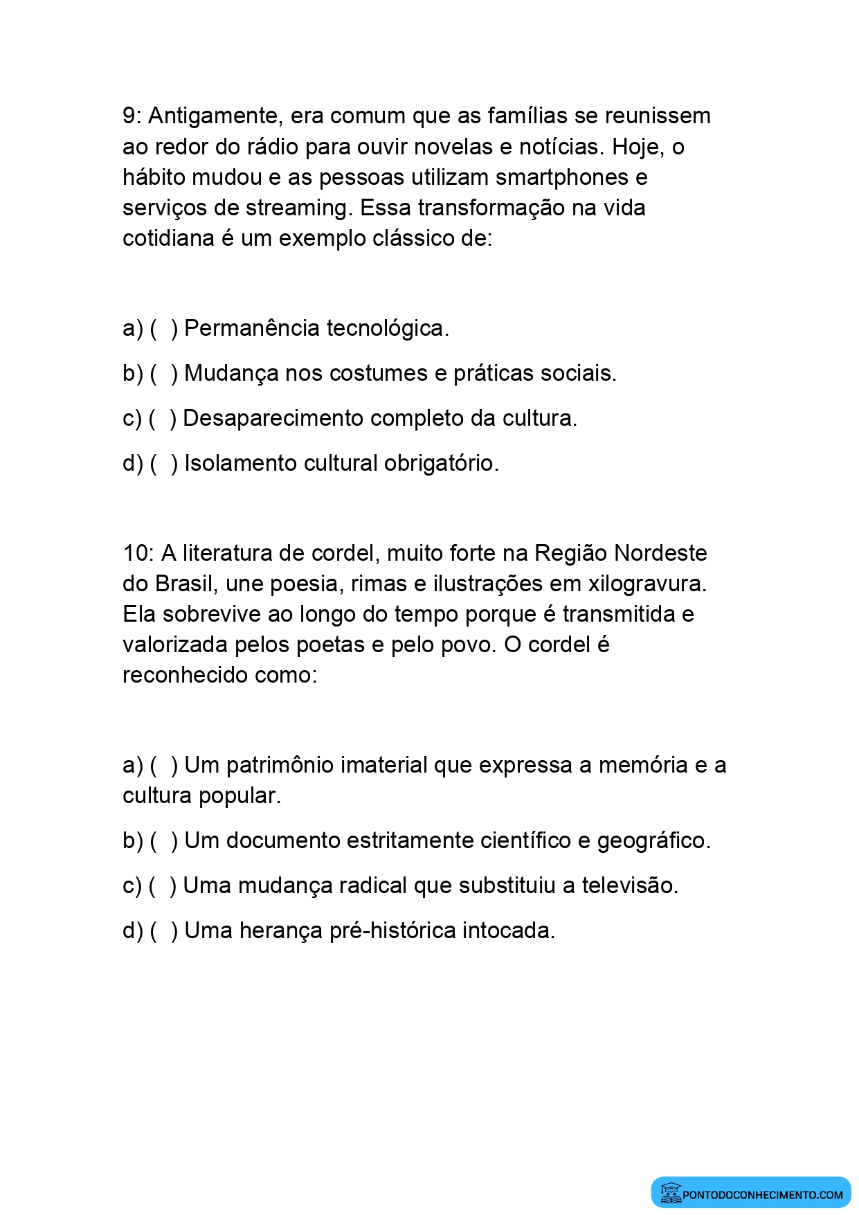 Questões Fechadas de História 5º Ano sobre Cultura e Transformações Sociais