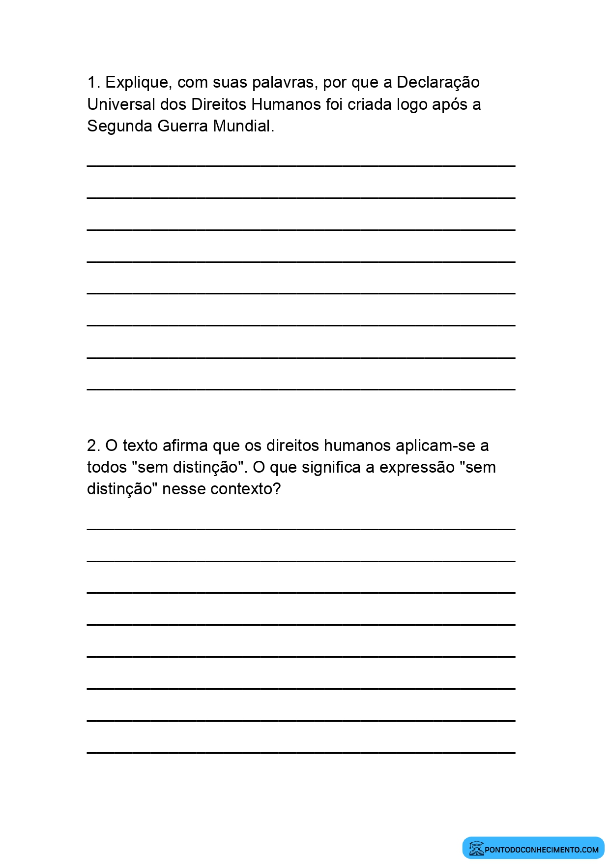 Atividade de História para o 5º Ano com Questões Abertas sobre Direitos Humanos