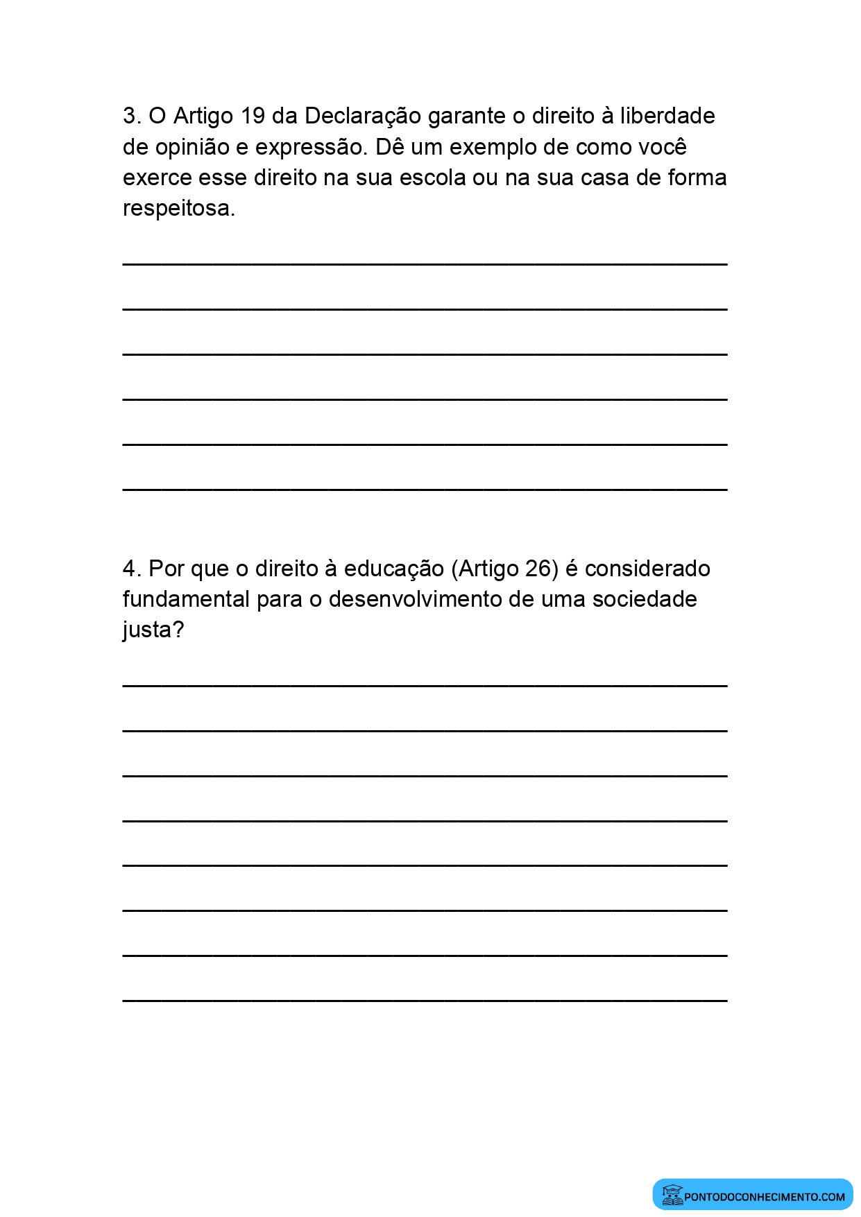 Exercícios de História 5º Ano sobre a Declaração Universal dos Direitos Humanos