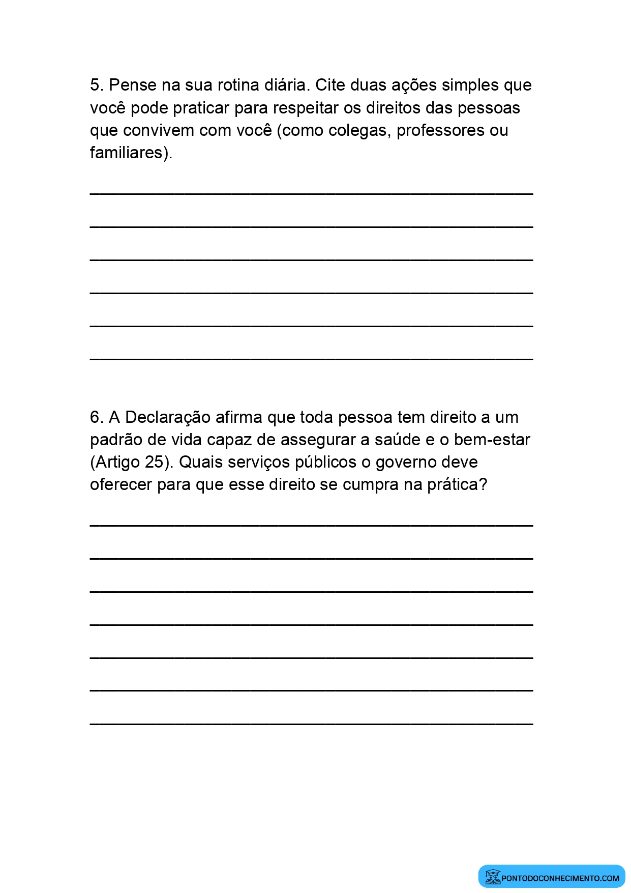 Atividade sobre Direitos Humanos para o 5º Ano com Questões Dissertativas