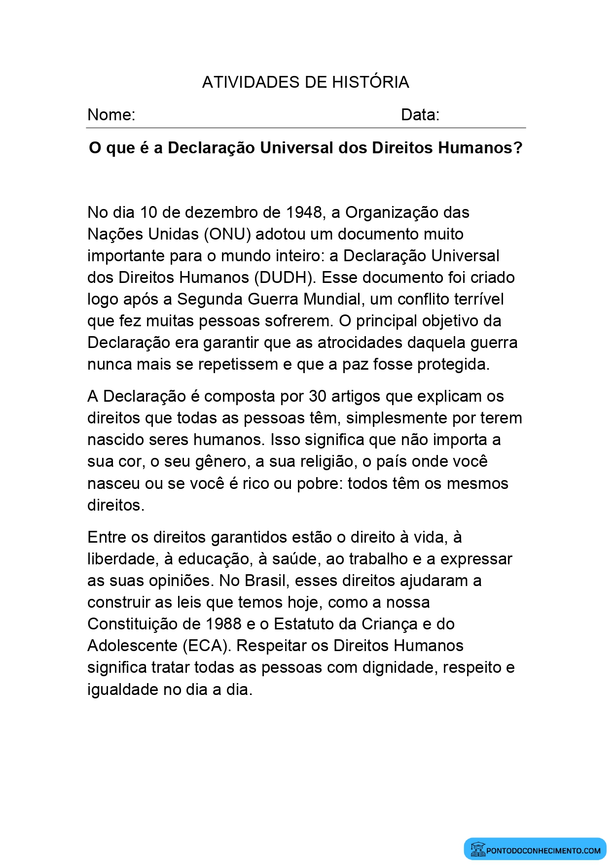 Atividade sobre a Declaração Universal dos Direitos Humanos para o 5º Ano