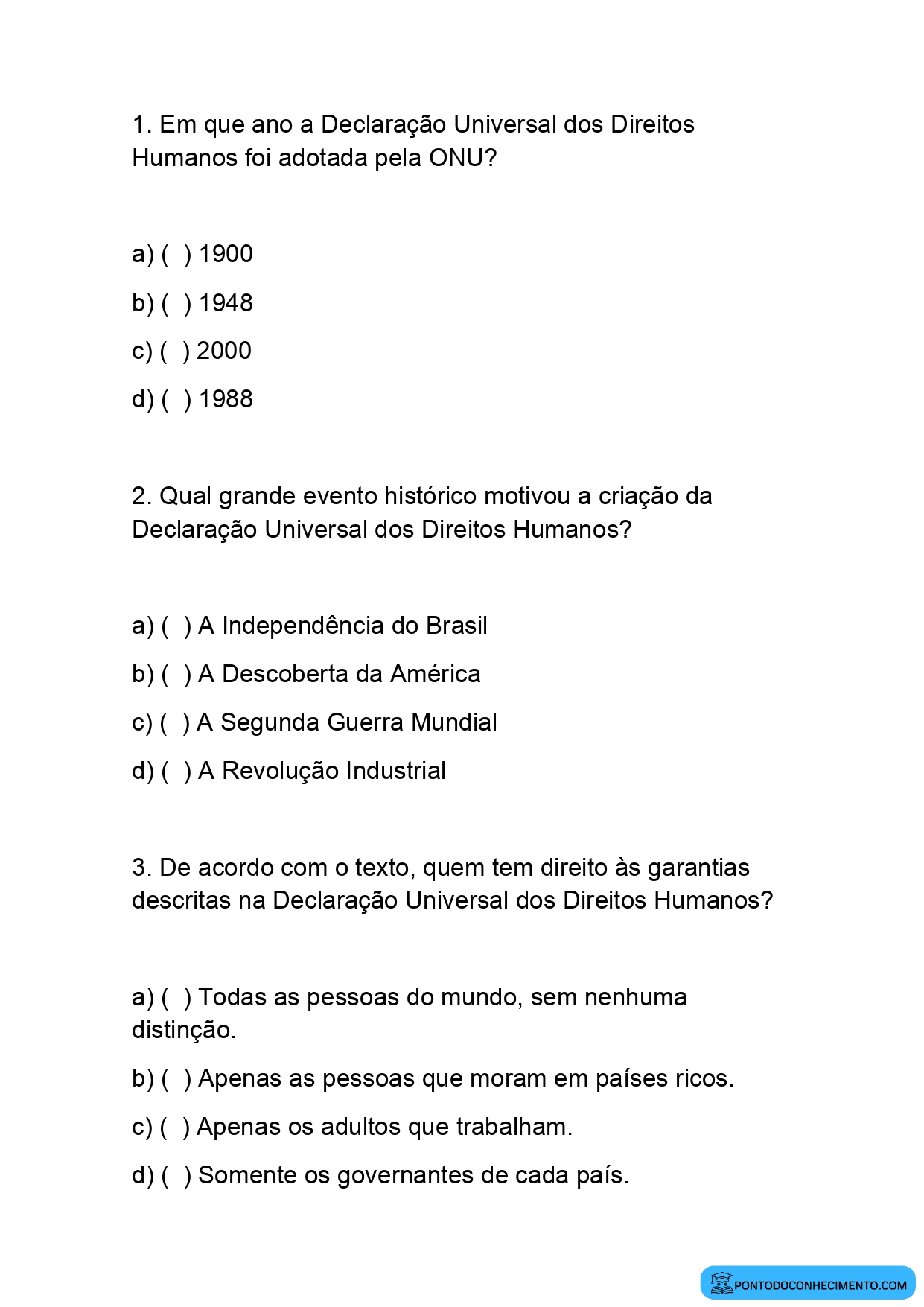 Avaliação de História 5º Ano sobre Direitos Humanos com Questões Fechadas