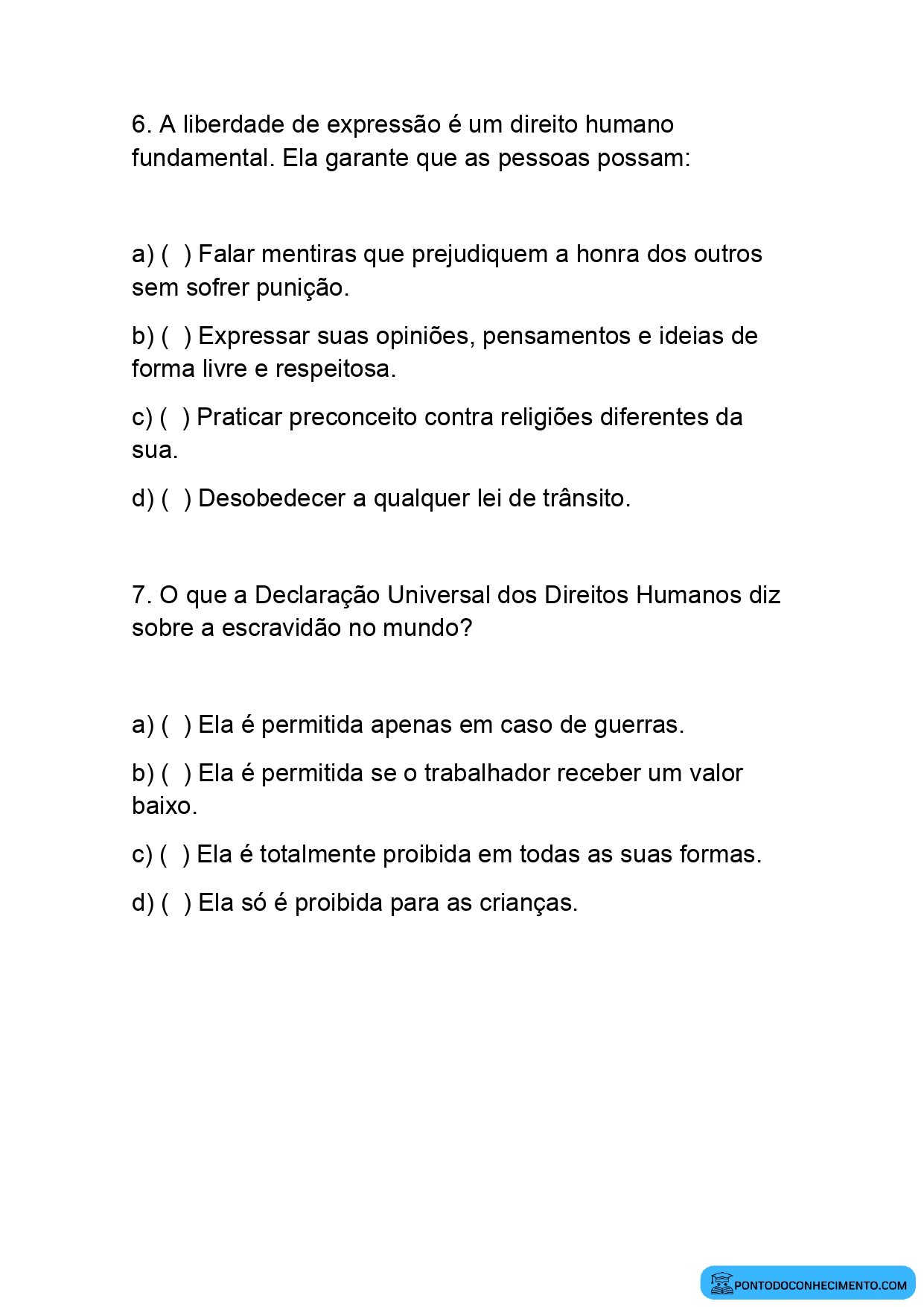 Exercícios de História 5º Ano sobre a Declaração Universal dos Direitos Humanos