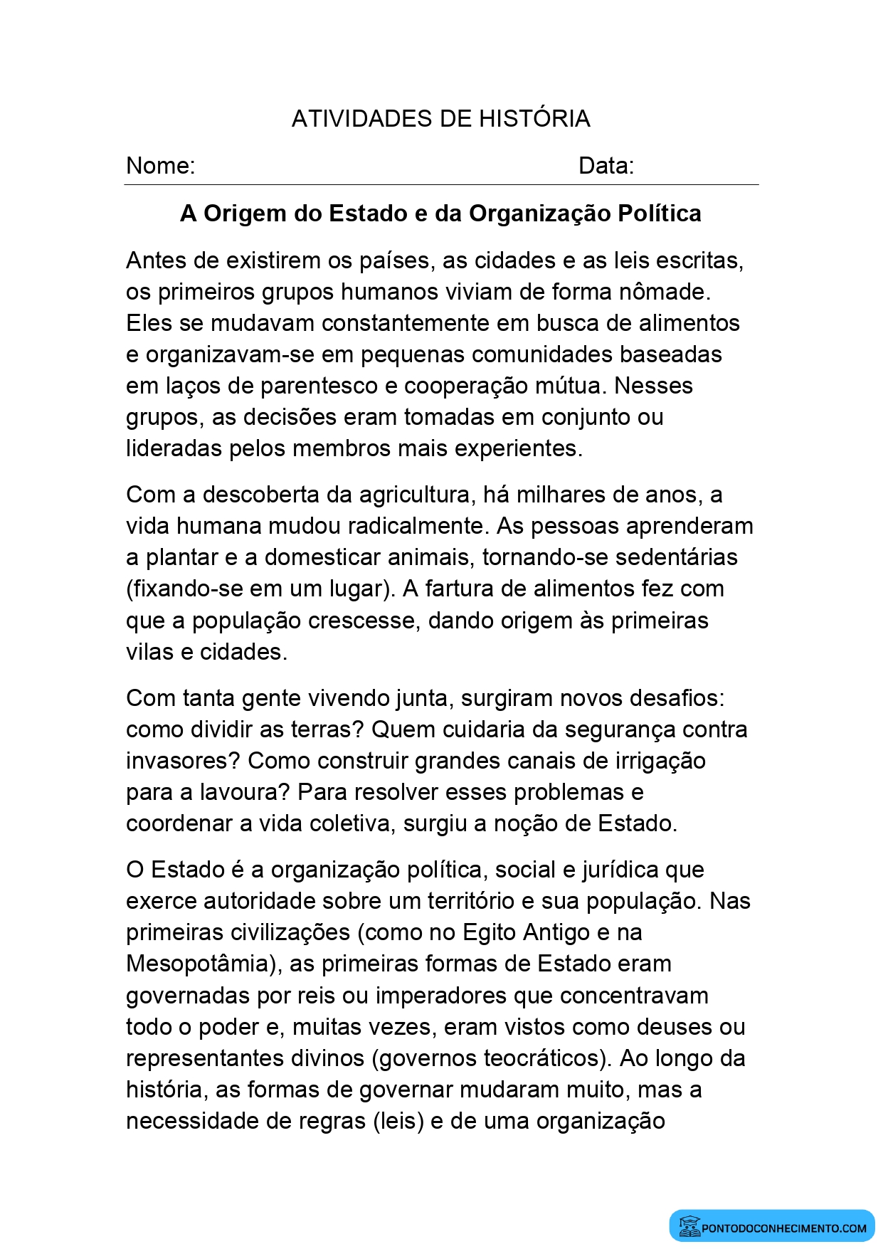 Atividade de História para o 5º Ano sobre Organização Social Política e Estado