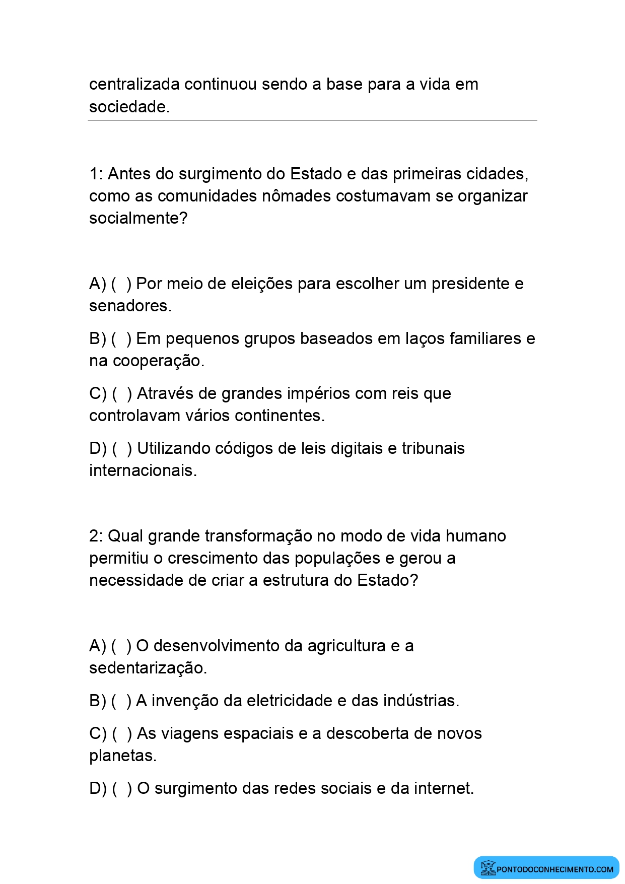 Exercícios de História 5º Ano sobre as Formas de Organização Social e Política