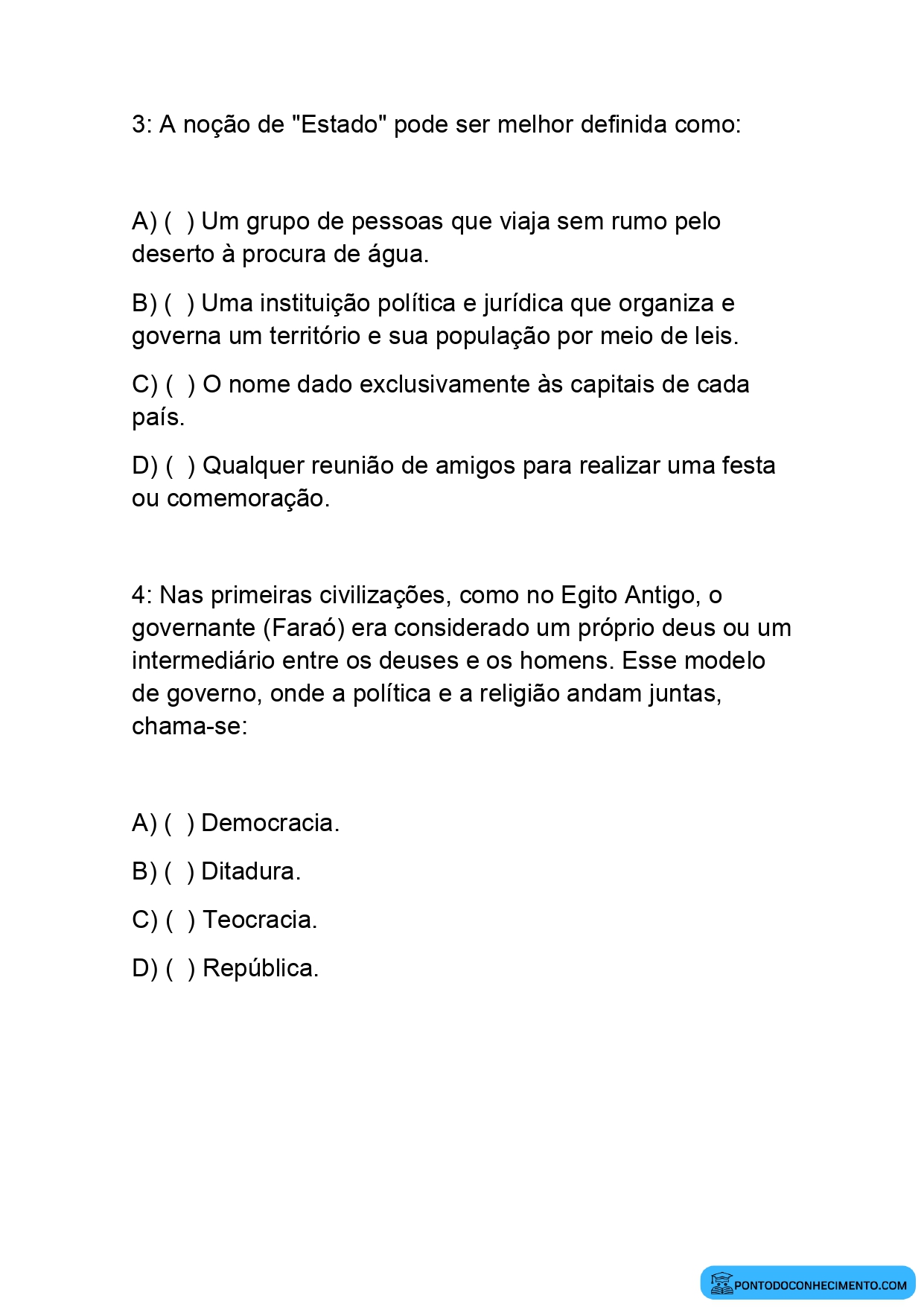 Atividade sobre a Noção de Estado para o 5º Ano