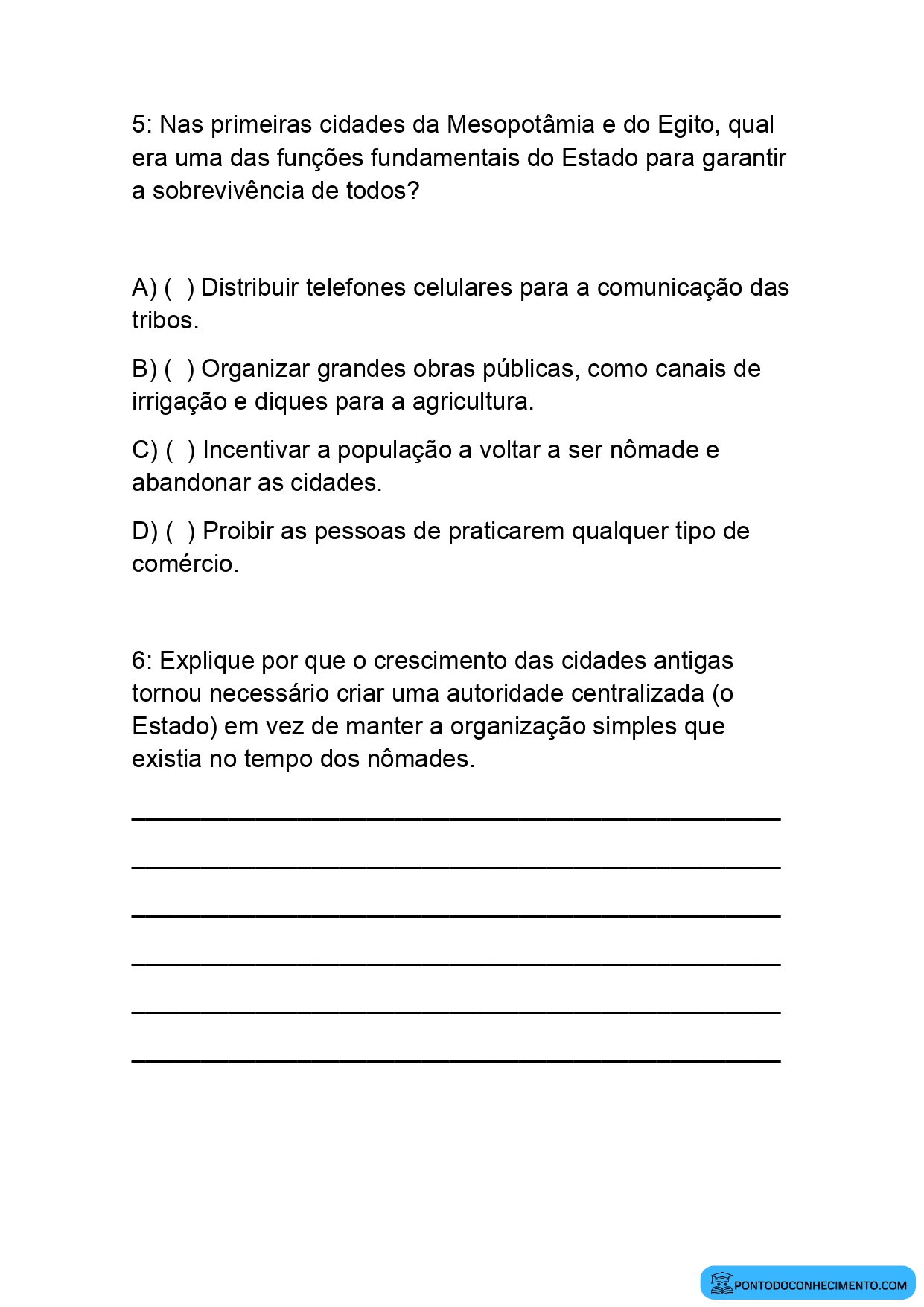 Questões de História 5º Ano sobre Organização da Sociedade e do Estado