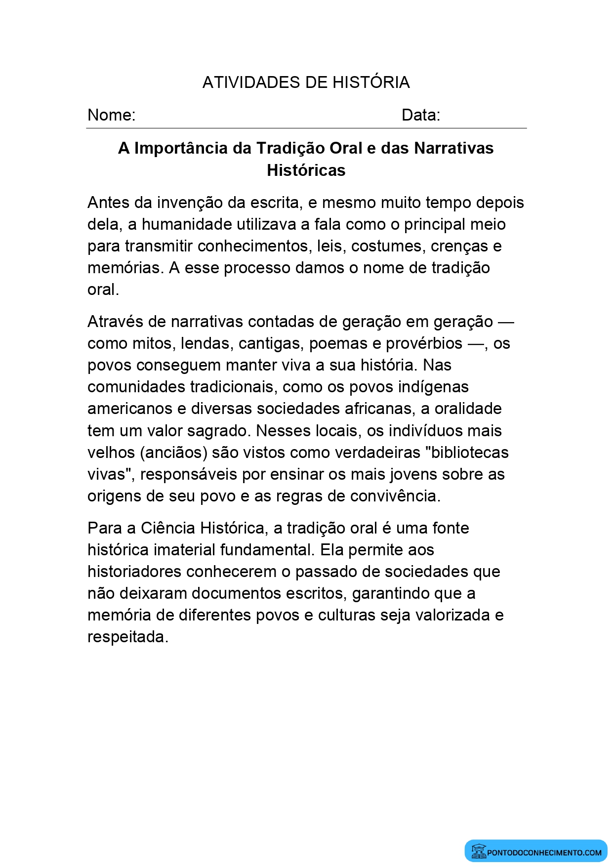Atividade de História para o 5º Ano sobre Tradição Oral