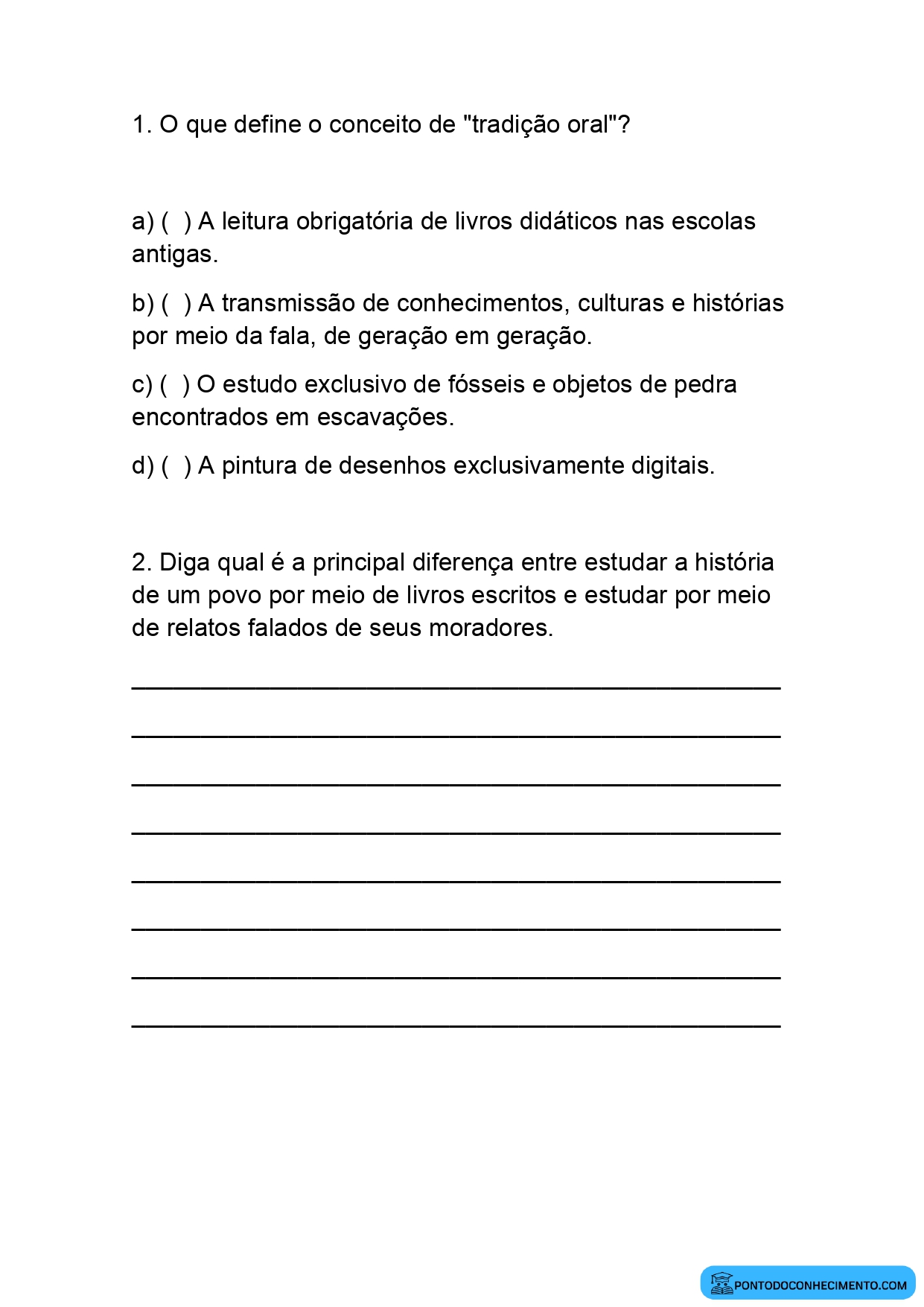 Exercícios de História 5º Ano sobre Tradição Oral e Narrativas Históricas
