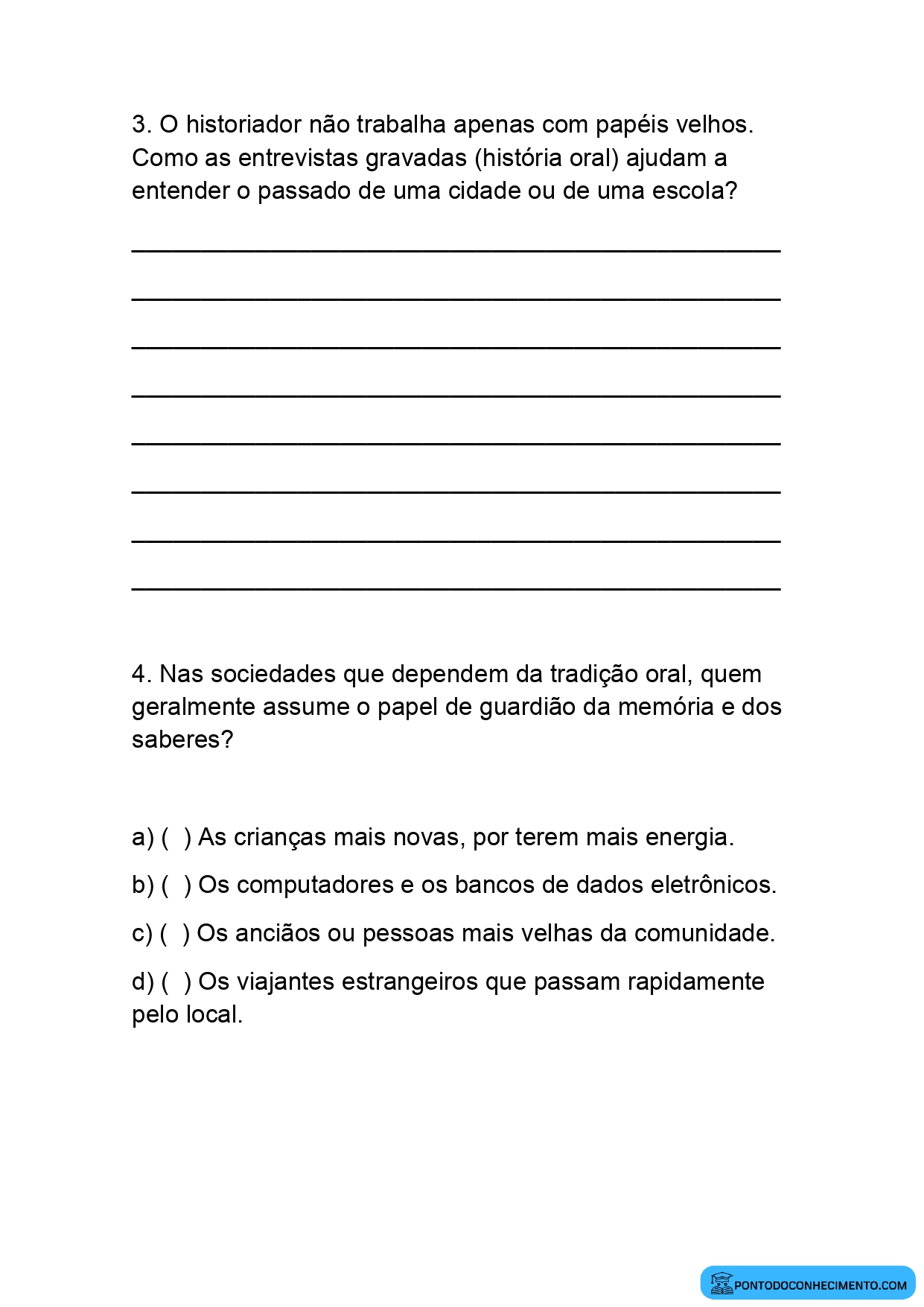 Atividade de Múltipla Escolha de História 5º Ano Tradição Oral