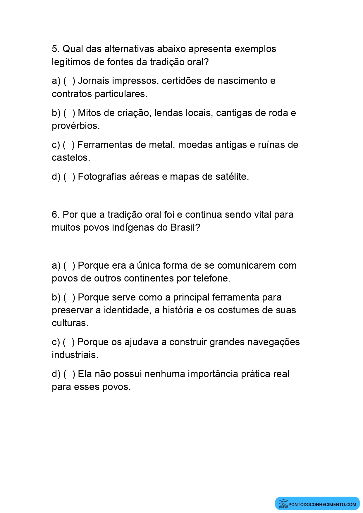 Questões de História sobre Tradição Oral e Narrativas Históricas 5º Ano