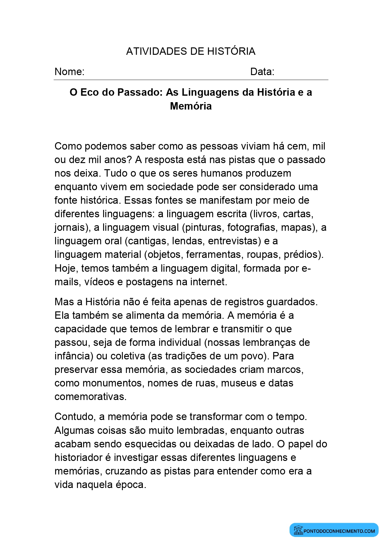 Exercícios de História 5º Ano sobre as Linguagens da História e a Memória