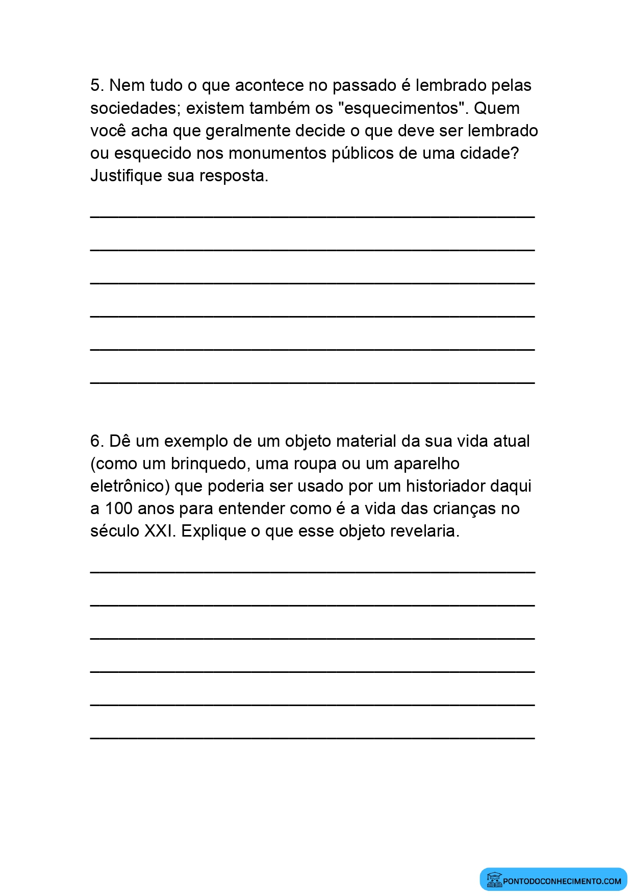 Atividade de História 5º Ano sobre Memória Histórica Questões Abertas