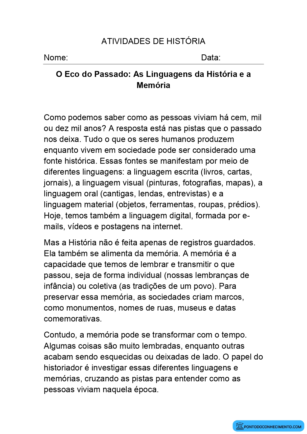 Atividade de História para o 5º Ano sobre as Linguagens da História e a Memória