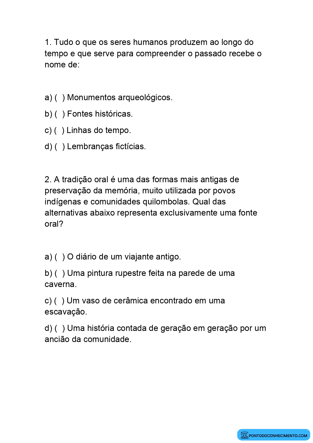 Exercícios de História 5º Ano sobre Linguagens da História
