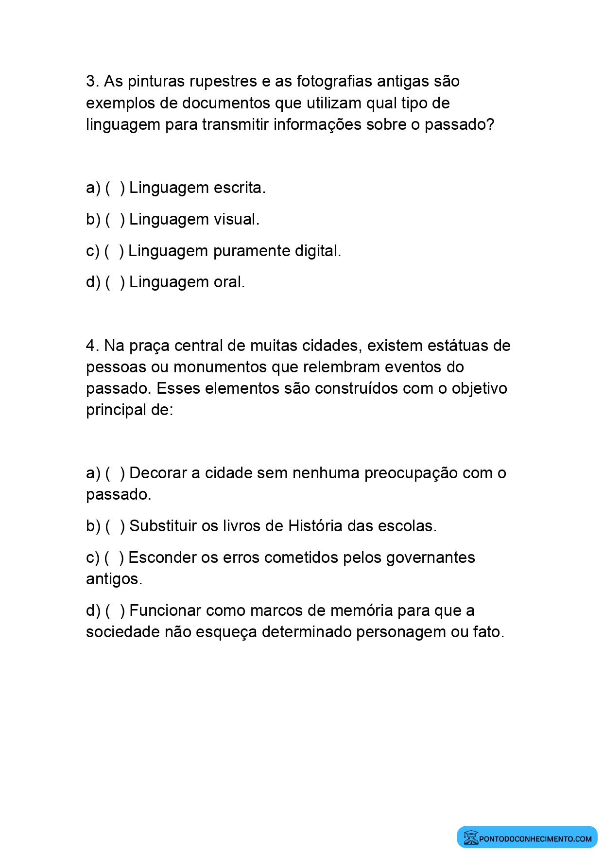 Atividade de Múltipla Escolha de História 5º Ano Linguagens da História e Memória