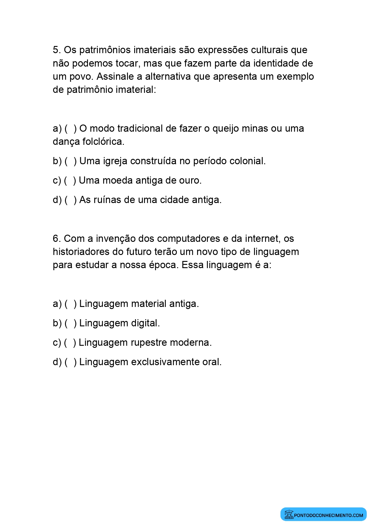 Questões de História sobre Memória e Linguagens da História 5º Ano