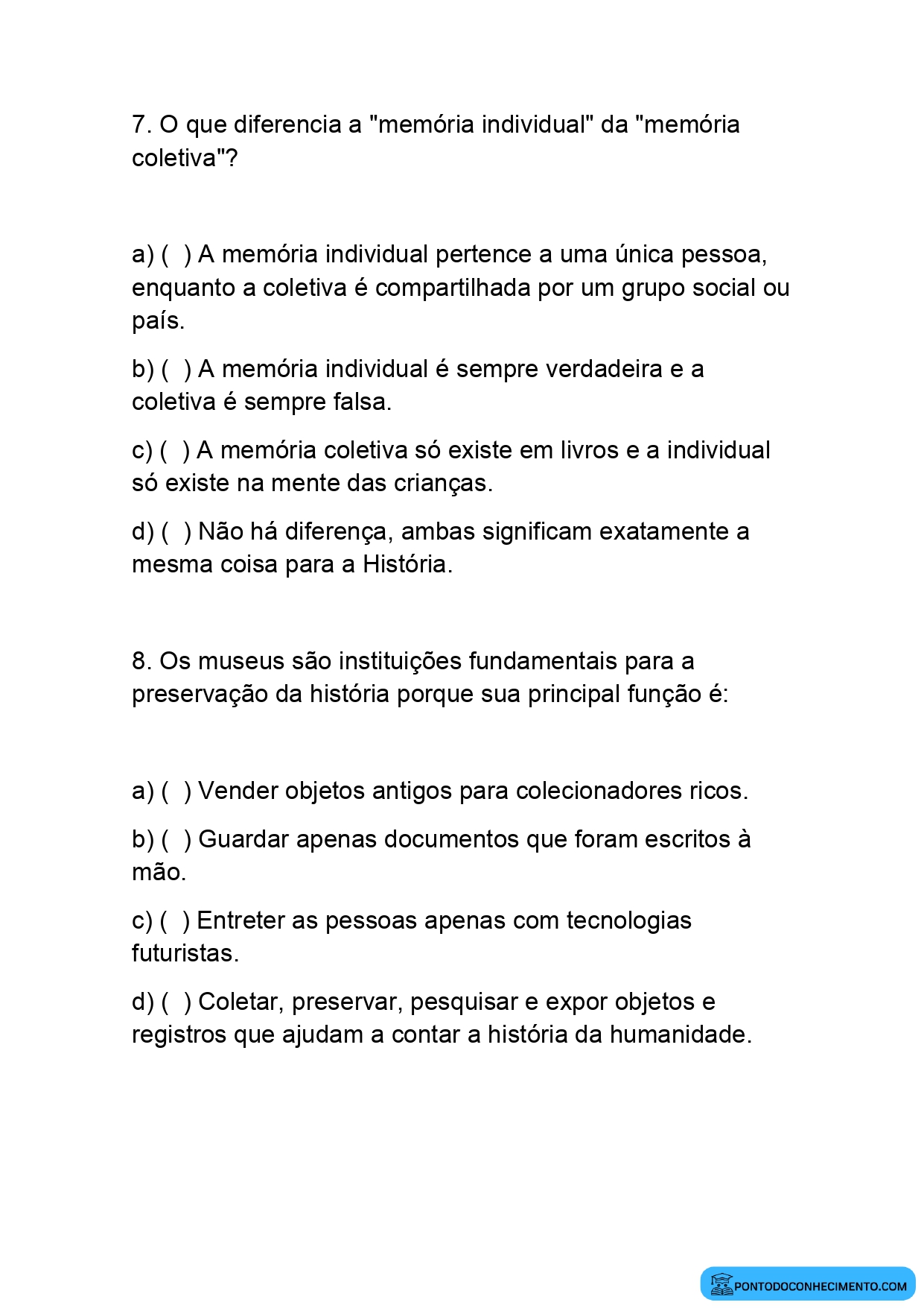 Atividade de História 5º Ano sobre Memória Histórica