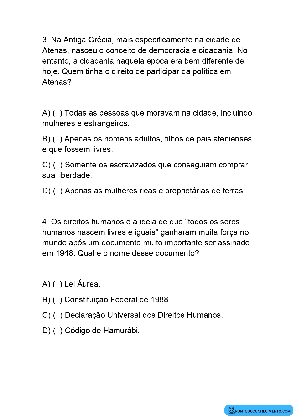 Exercícios de História 5º Ano sobre Direitos Civis Políticos e Sociais