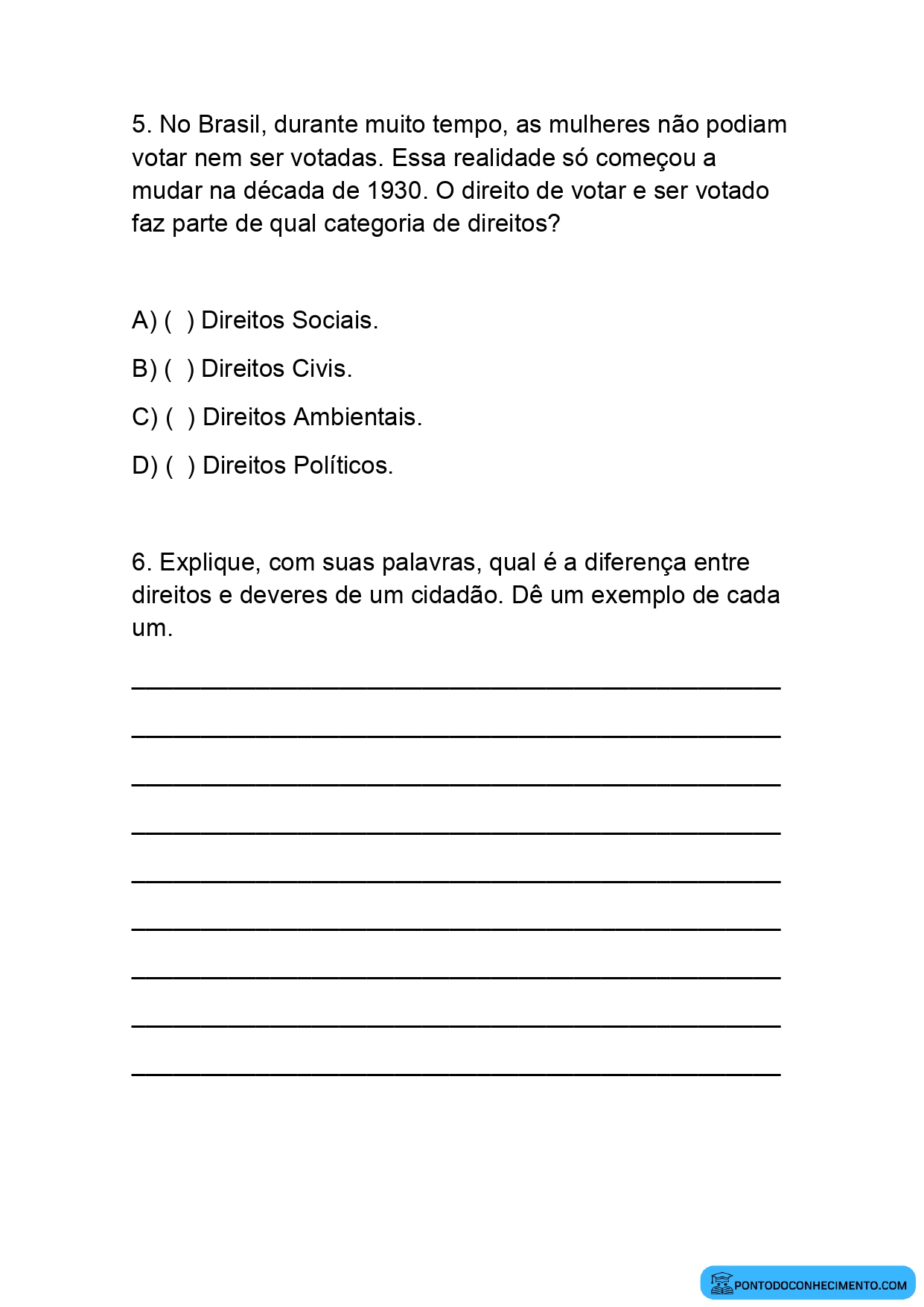 Atividade de Múltipla Escolha de História 5º Ano Direitos Civis Políticos e Sociais