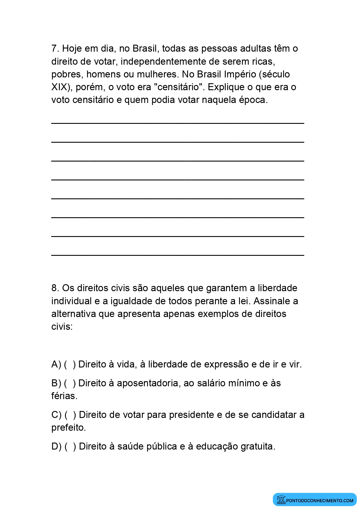 Questões de História sobre a Conquista de Direitos 5º Ano