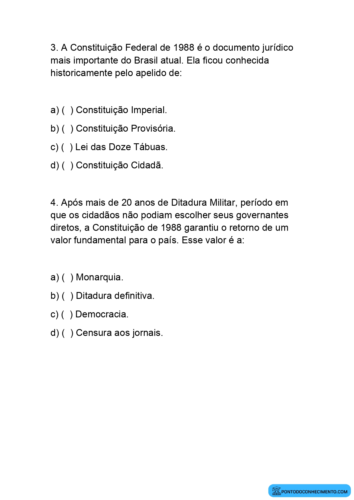 Exercícios de História 5º Ano sobre Cidadania no Brasil