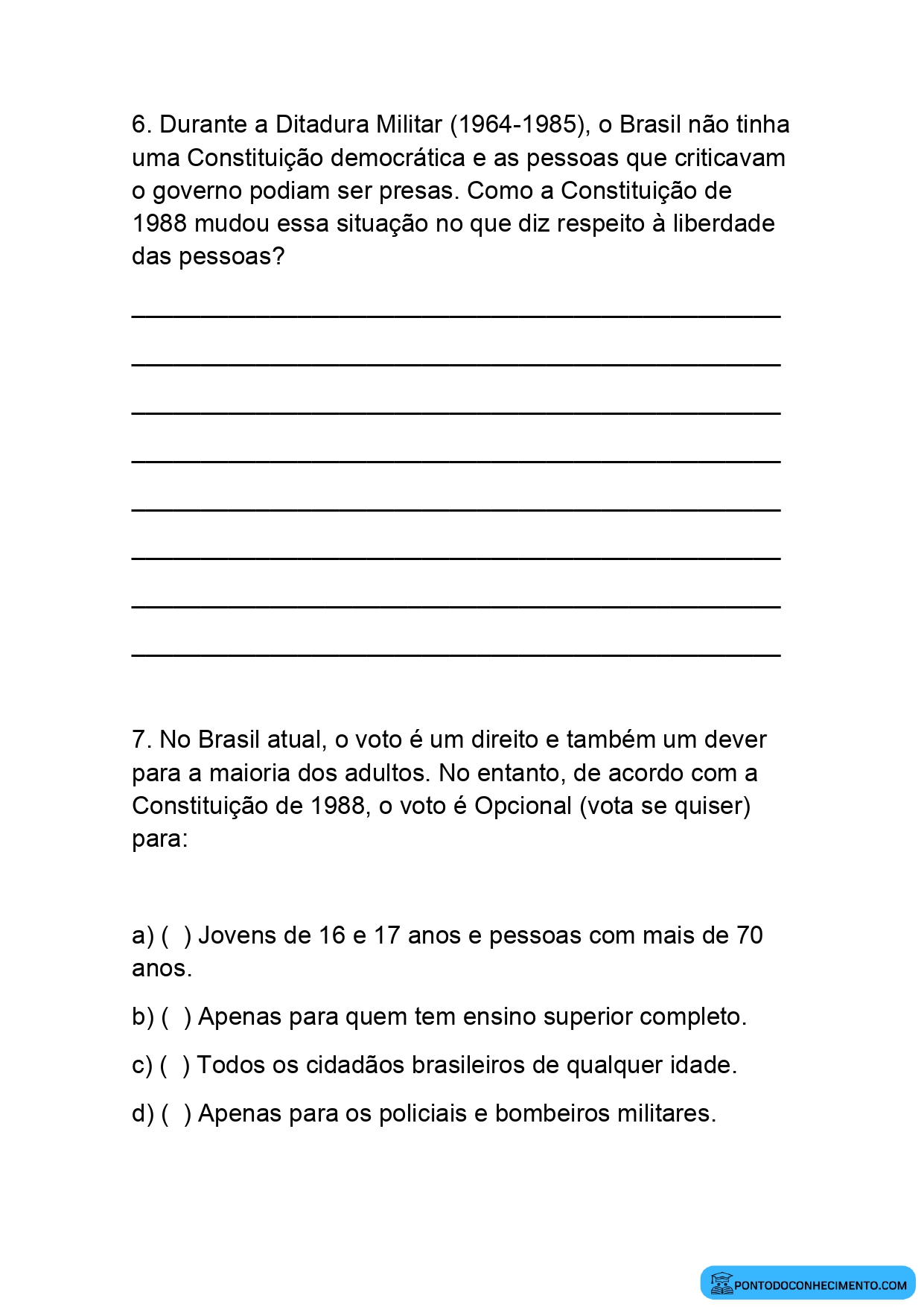 Atividade de História sobre a Constituição de 1988 e os Direitos dos Cidadãos