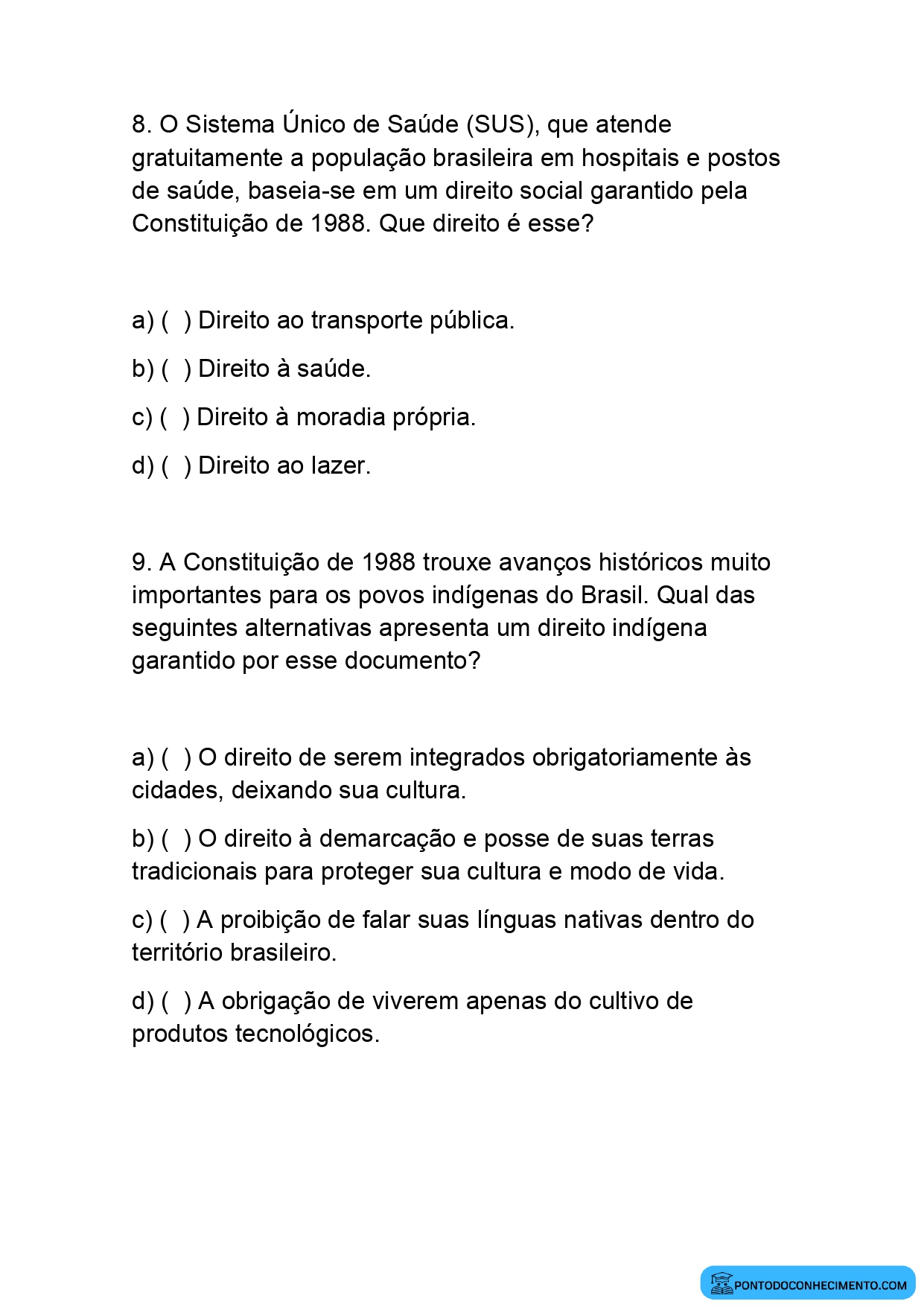 Questões de História 5º Ano sobre Cidadania no Brasil